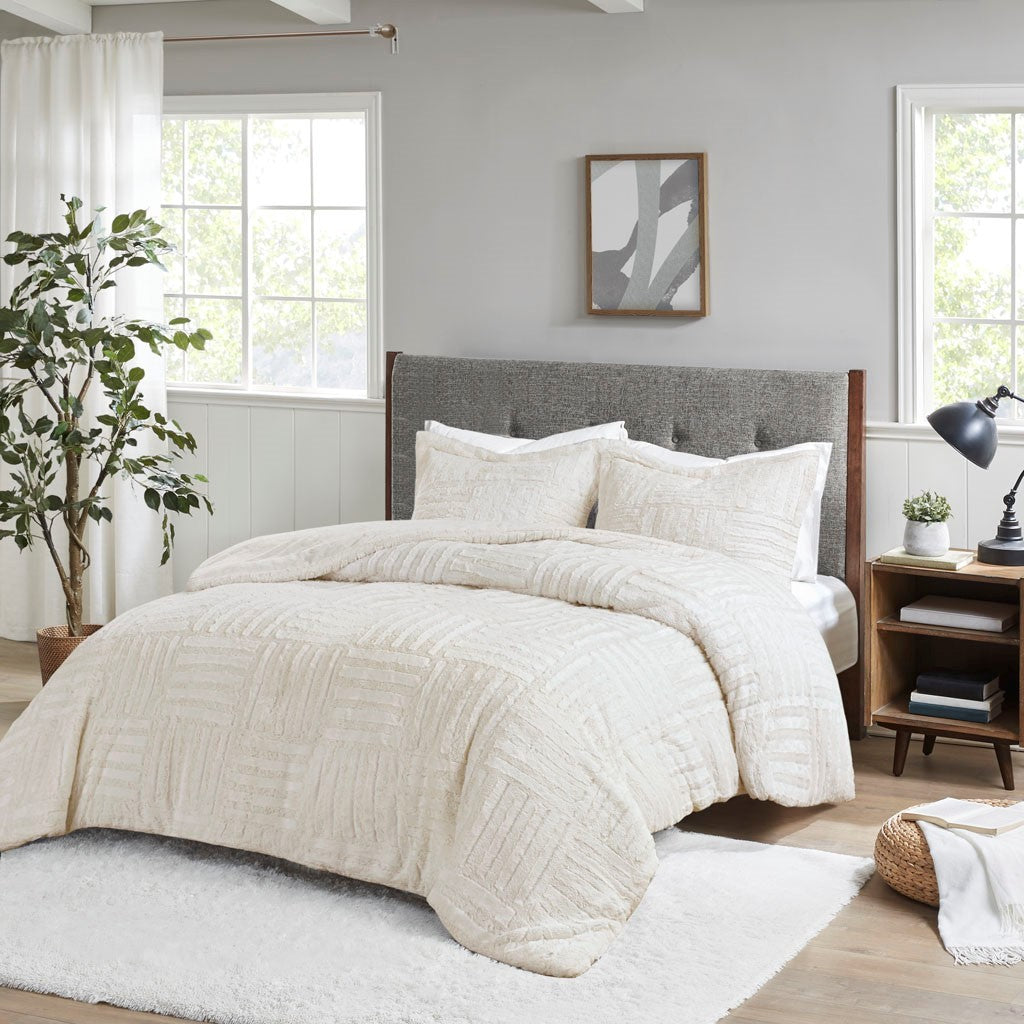 Fur Down Alternative Comforter Mini Set Queen Ivory Faux Fur