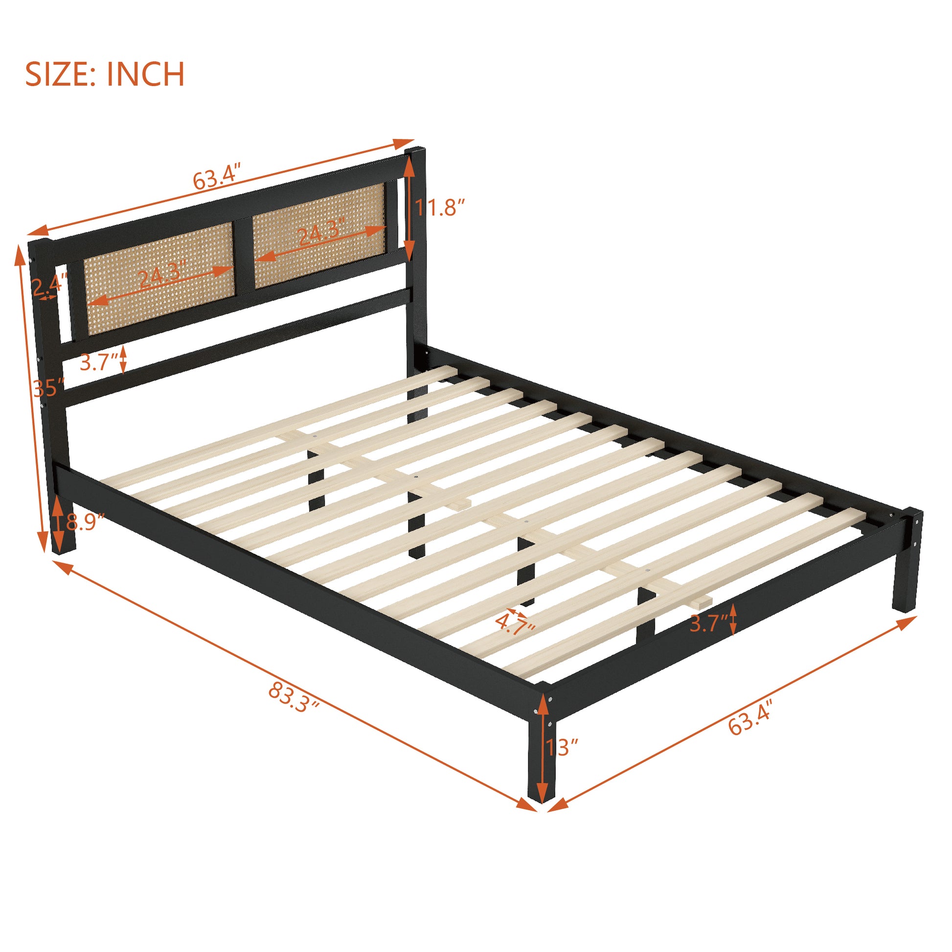 3 Pieces Bedroom Sets Queen Size Wooden Platform Bed With Natural Rattan Headboard, Nightstands Set Of 2 With Rattan Woven Surfaces And Three Drawers For Bedroom, Black Black Particle Board