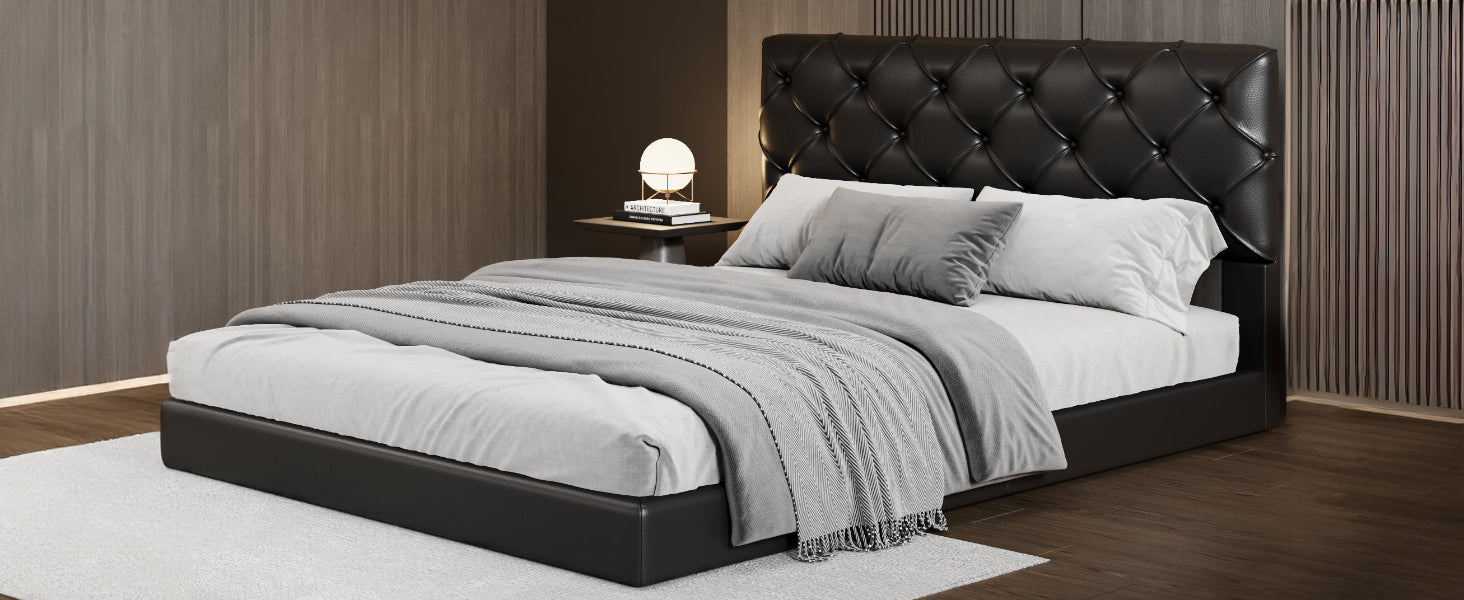 Queen Size Tufted Upholstered Platform Bed, Black Box Spring Not Required Queen Black Wood Bedroom Bed Frame Faux Leather Upholstered