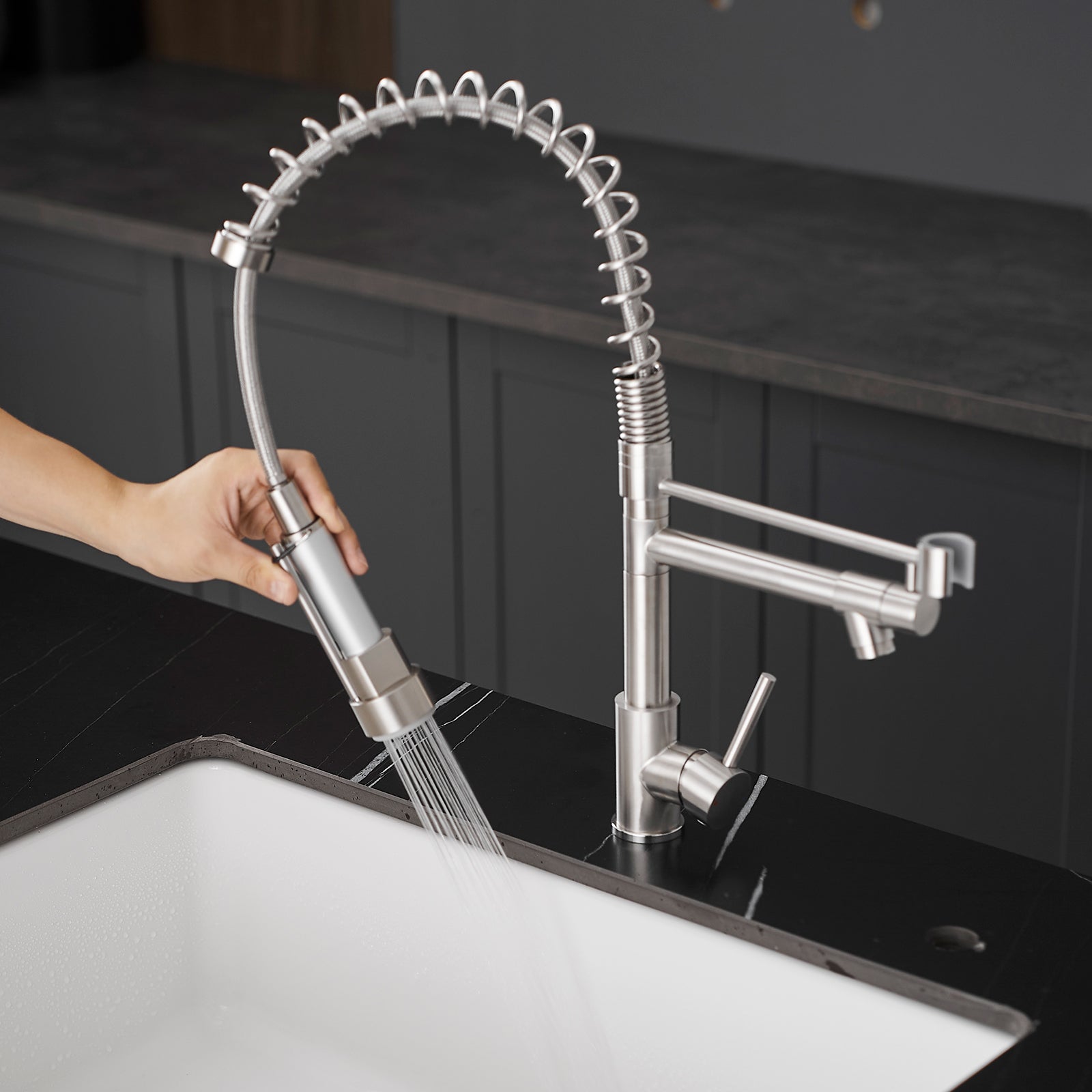 Commercial Kitchen Faucet With Pull Down Sprayer, Stainless Steel Single Handle Single Lever Kitchen Sink Faucet Brushed Nickel Kitchen Contemporary Ceramic Brass