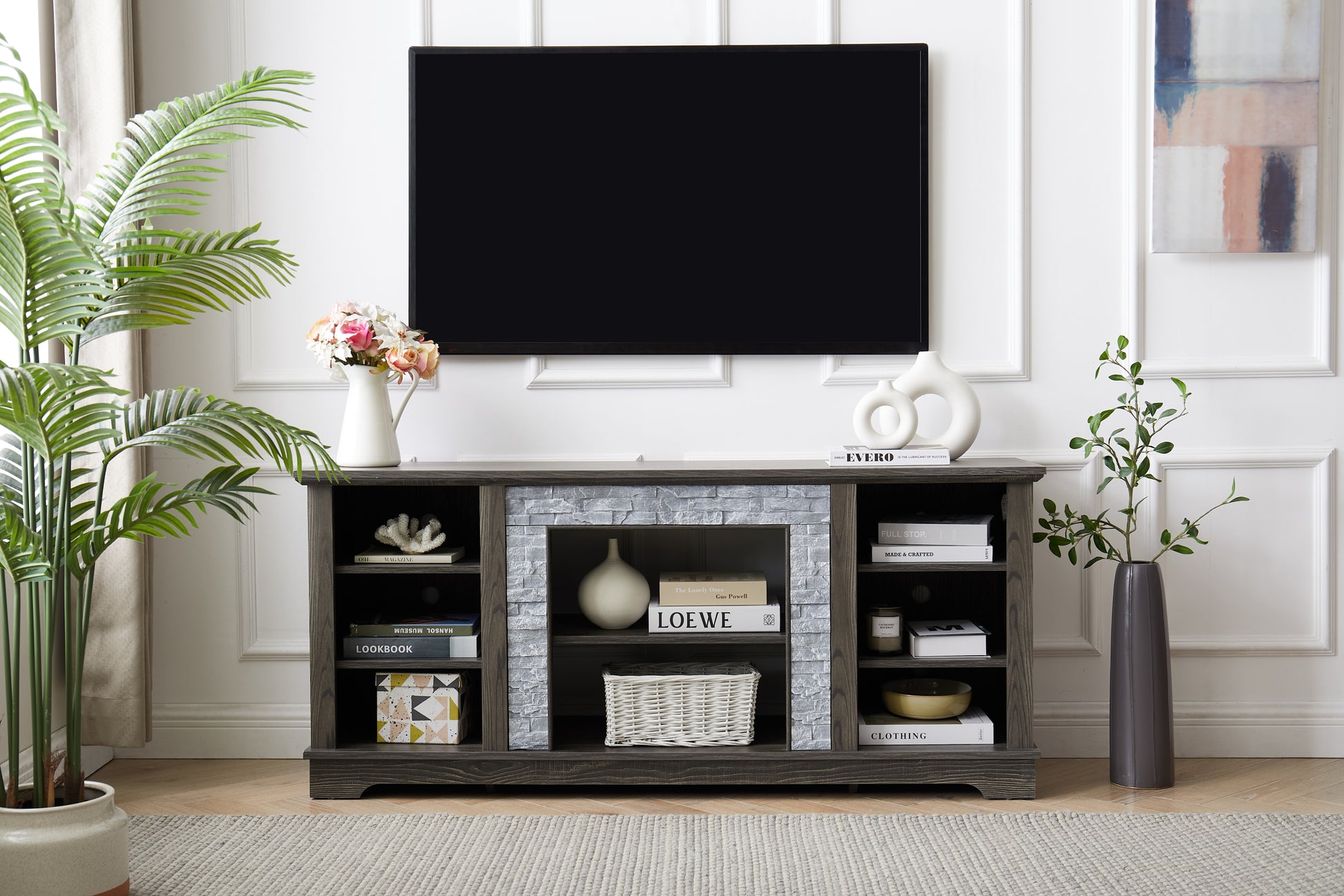 Mantel Stone Tv Media Stand With With Faux Stacked Stone Surround, Modern Entertainment Console With Open Storage Space,Grey, 58.31"W*15.39"D*26.06"H Grey 60 69 Inches Mdf