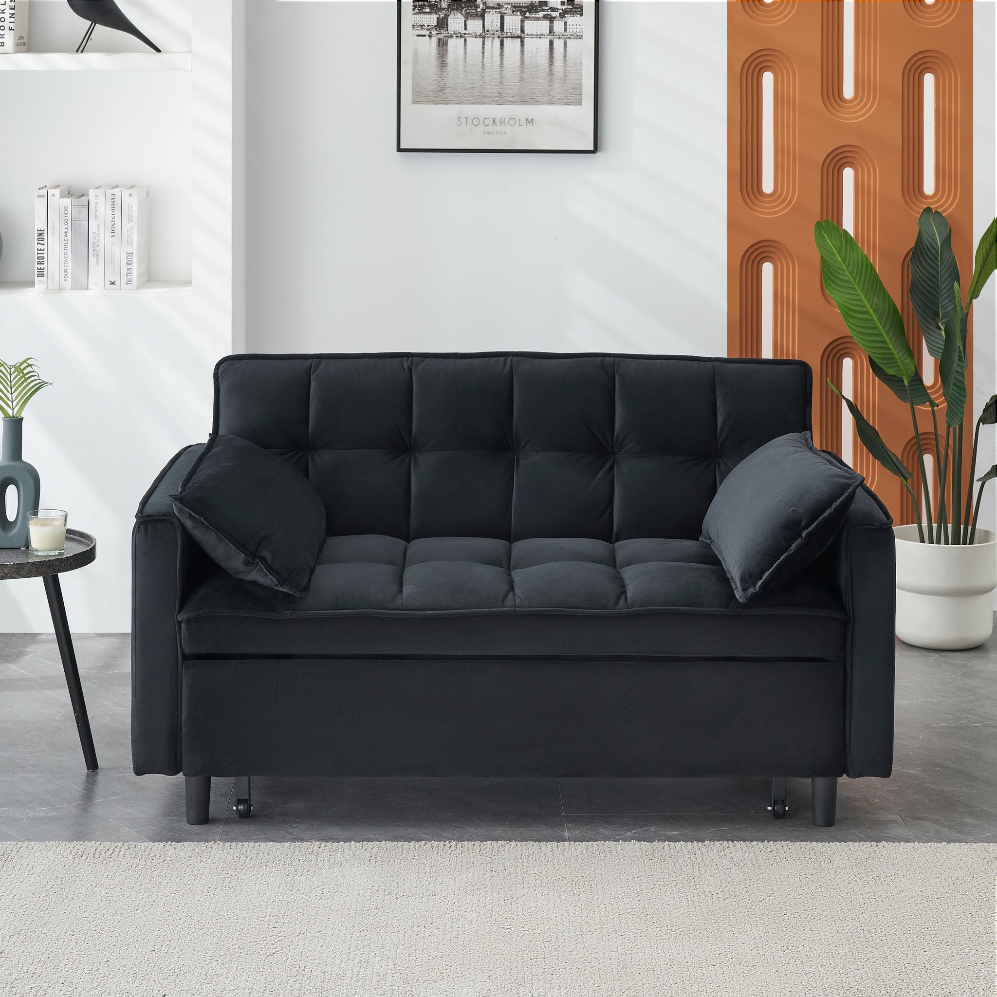 Modern Velvet Sofa, Sofa Pull Out Bed, Smallseat Casual Sofa With Back, With Pillow, Pockets, Living Room Furniture, 3 In 1 Convertible Sleep Sofa Bed. Black Velvet 3 Seat