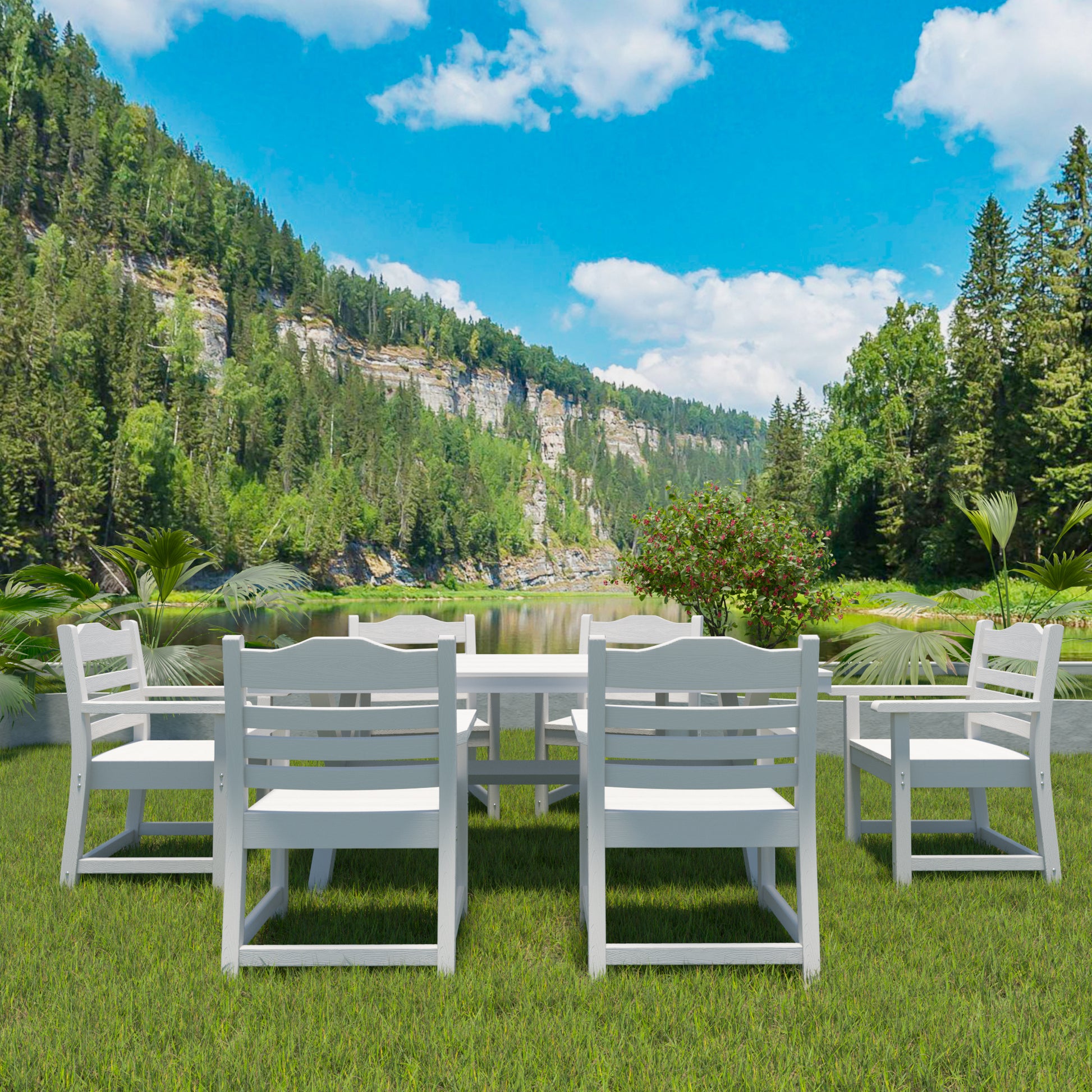 Hips Patio Furniture Dining Chair And Table, 7 Pieces 6 Dining Chairs 1 Dining Table Backyard Conversation Garden Poolside Balcony White White Hdpe