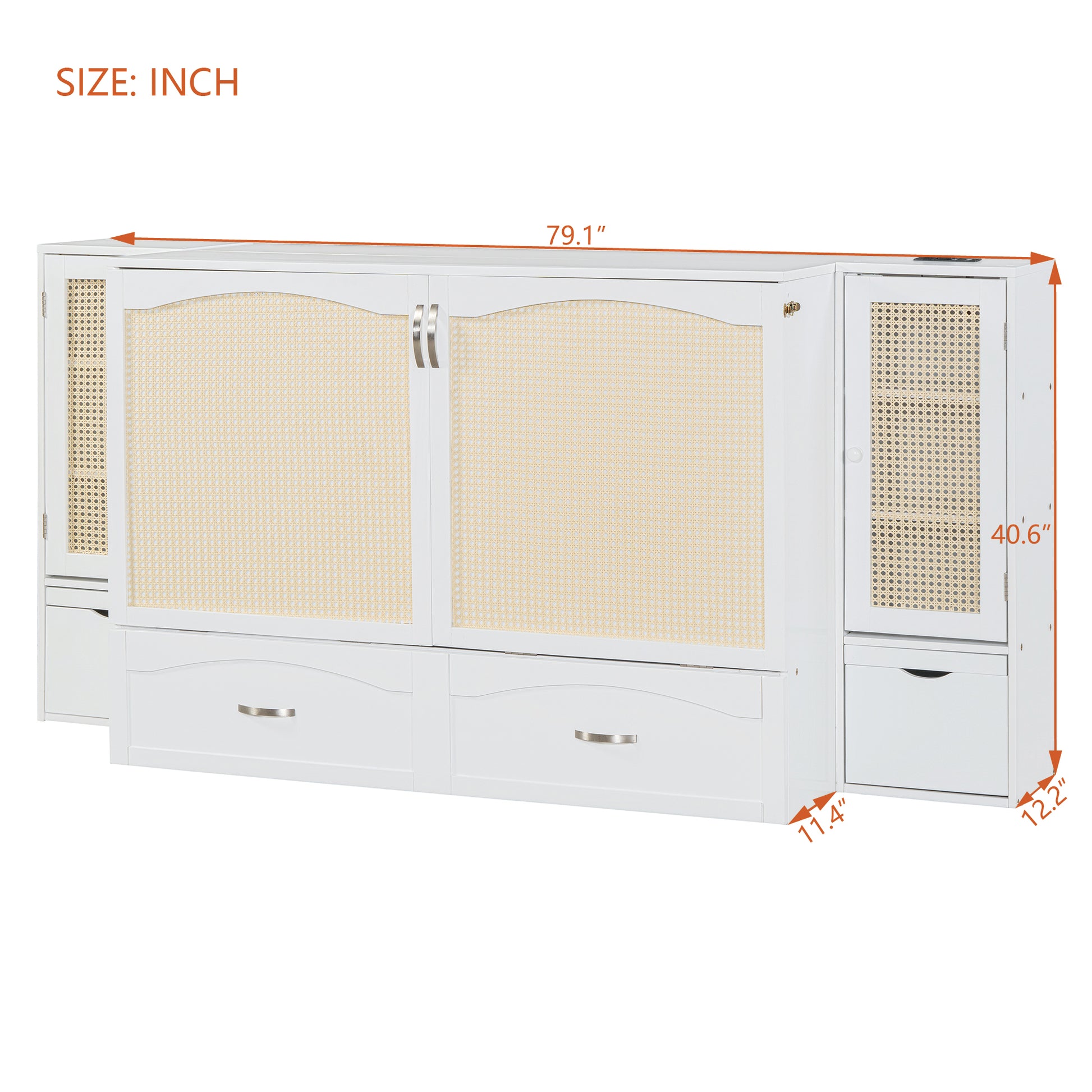 Full Size Murphy Bed Wall Bed With Drawer And Rattan Decoration With 2 Storage Cabinets, One Set Of Sockets & Usb Ports, Pulley Structure Design, White Full White Plywood