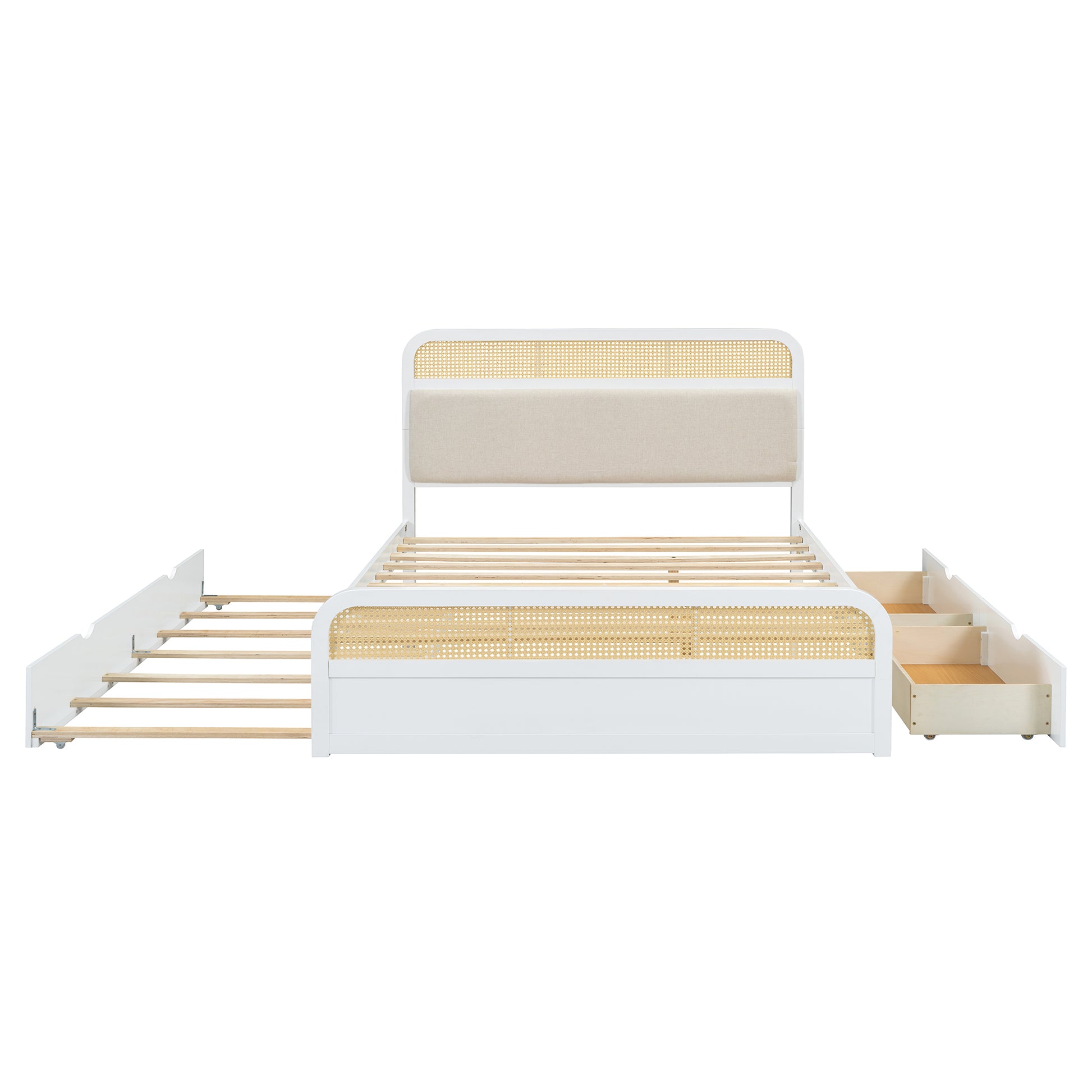 Queen Size Wooden Platform Bed With Trundle And 2 Drawers,White Queen White Solid Wood Mdf