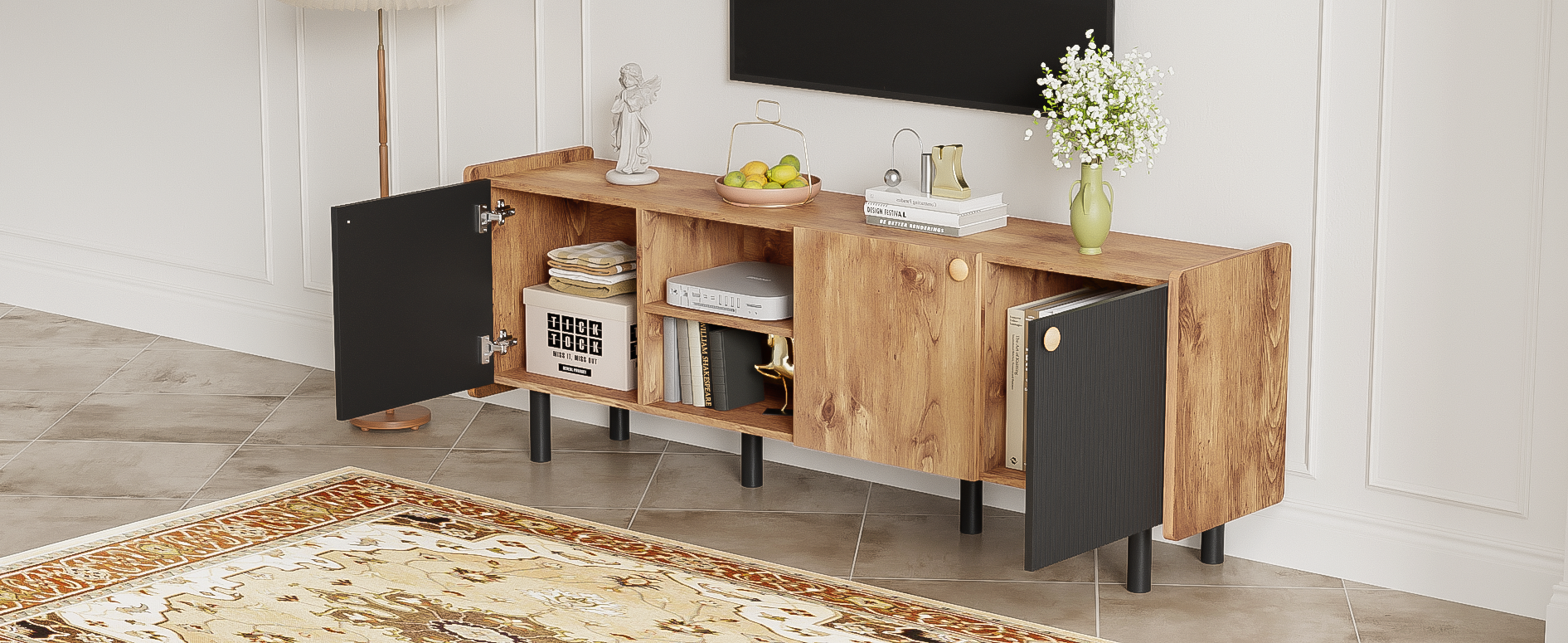 Mid Century Tv Stand With 3 Cabinets, Media Console Table For Tvs Up To 70'', Entertainment Center With Storage For Living Room, Bedroom, Home Theatre Black Brown Primary Living Space 60 69 Inches
