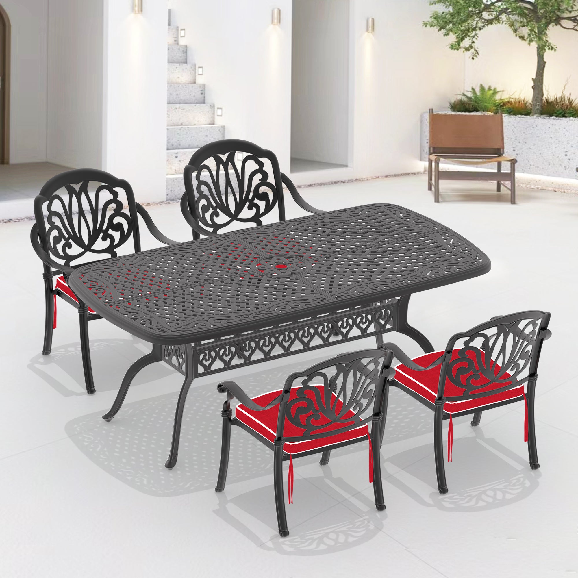 Cushions In Random Colors 5 Piece Set Of Cast Aluminum Patio Furniture With Cushions Yes Dining Set Black Seats 4 Rust Resistant Frame Water Resistant Cushion Garden & Outdoor Complete Patio Sets Aluminium