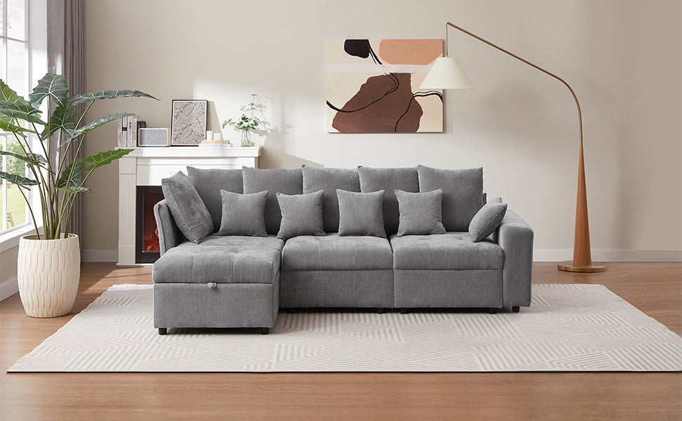 96.45"Sectional Sofa Modular Sofa Couch With Three Usb Ports, A Removable Storage Ottoman And Five Back Pillows For Living Room, Grey Grey Foam Chenille 4 Seat