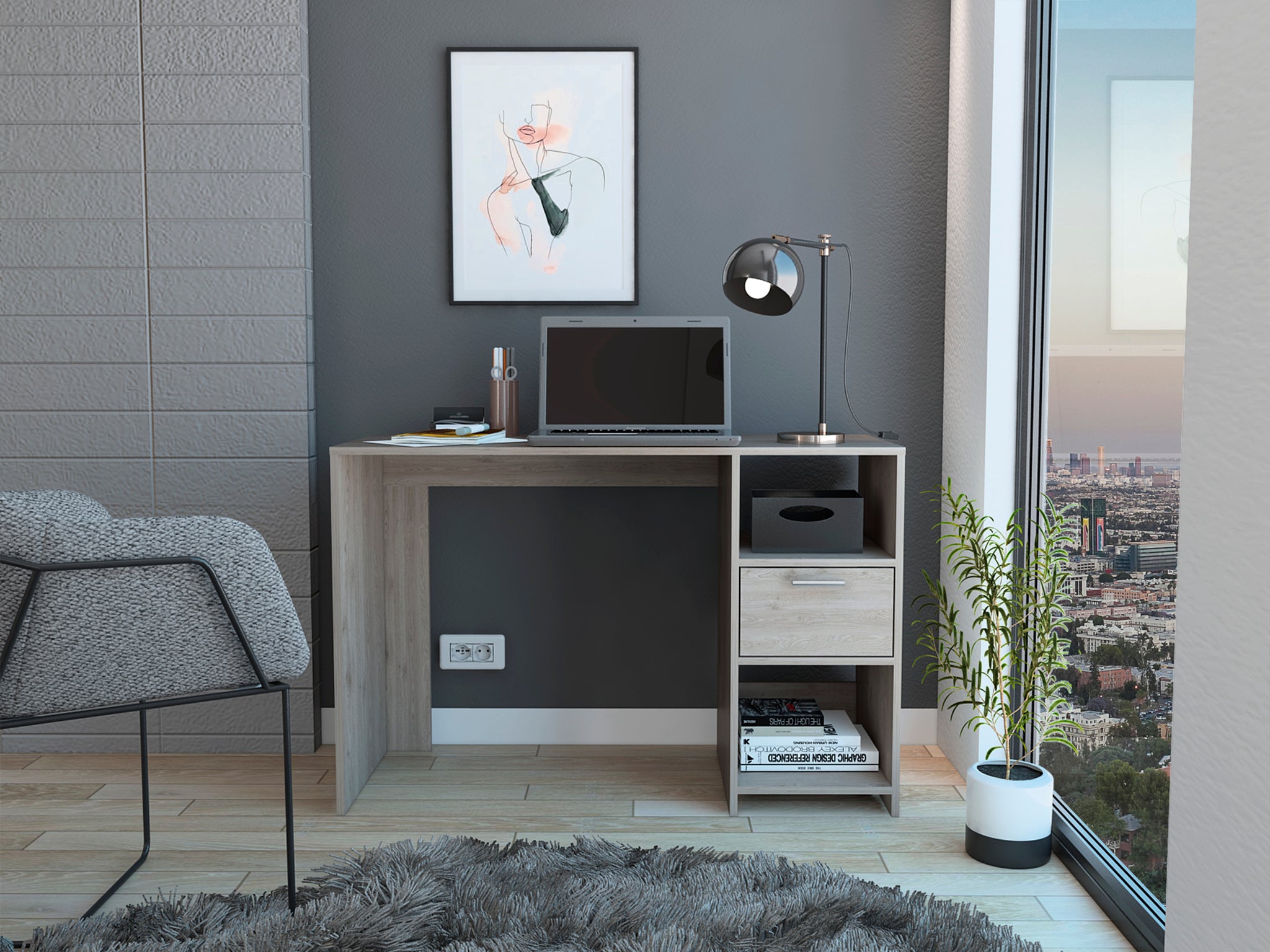 Omma Computer Desk, One Drawer, Two Shelves Grey Computer Desk Office Modern Freestanding Rectangular Open Storage Desk Rectangular Particle Board Engineered Wood