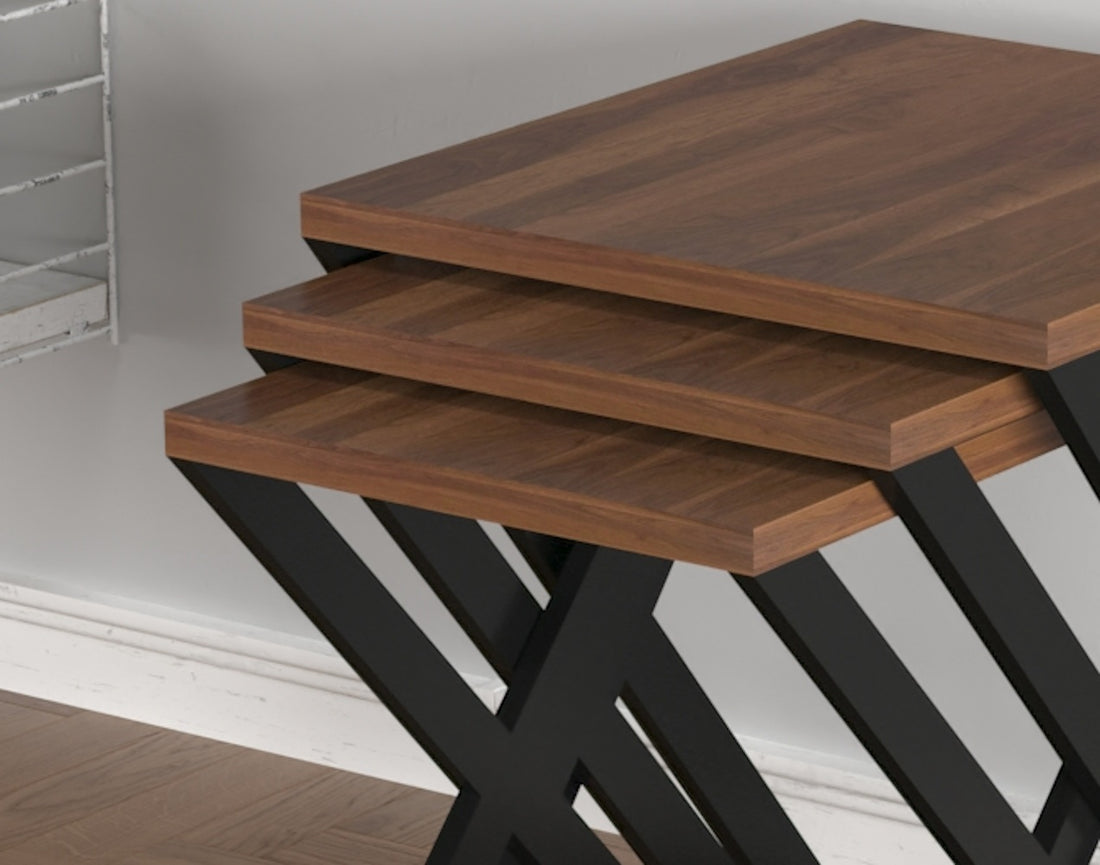 Kira Nesting Table 3 Pieces, Metal Legs Wood Base Nesting Table, Walnut Walnut Brown Contemporary Rectangular Wood