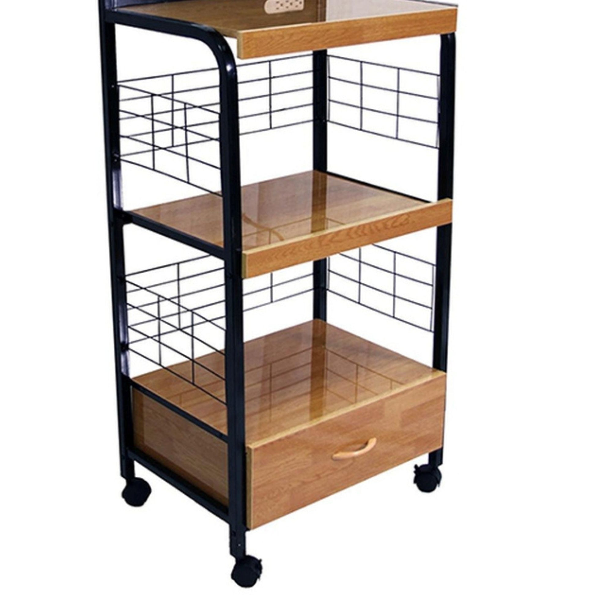 59.5" Tall 4 Tier Microwave Kitchen Cart With Drawer And Outlet, Black And Natural Multicolor Metal