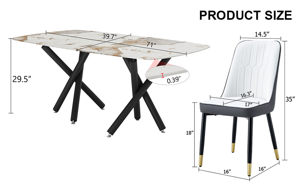 1 Table And 6 Chairs Set.A Rectangular Dining Table With A 0.39 Inch Imitation Marble Tabletop And Black Metal Legs.Paired With 6 Chairs With Pu Leather Seat Cushion And Black Metal Legs.F 1538,C 007 Black Glass Metal