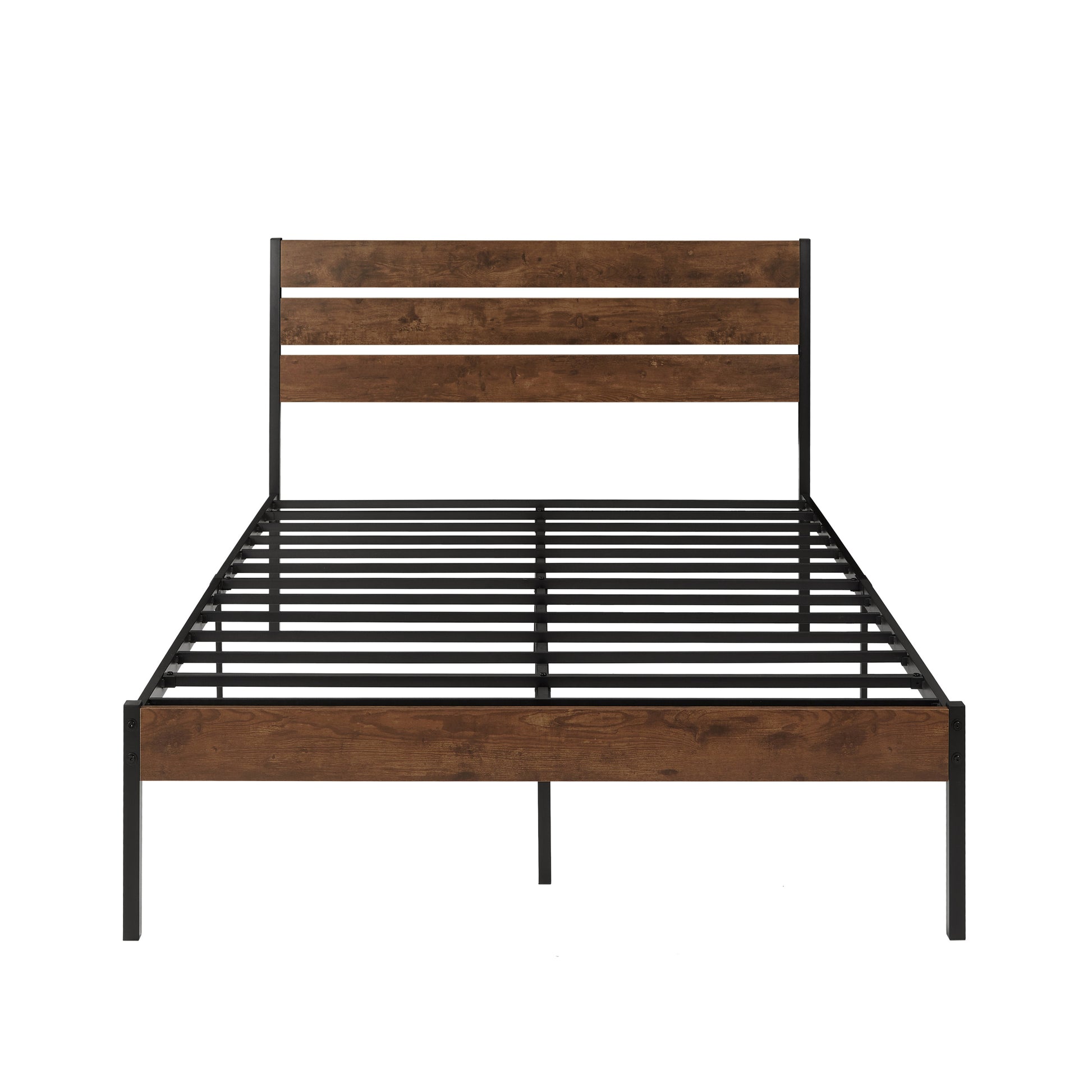 Full Size Bed Frame With Wood Headboard, Metal Frame With Strong Slats, Noise Free,No Box Spring Needed Brown. Full Brown Metal & Wood