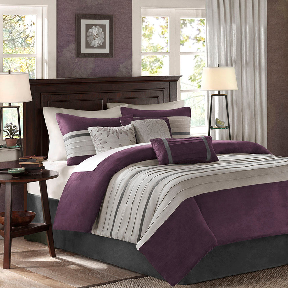 7 Pc Pieced Faux Suede Comforter Set Purple King King Purple Polyester