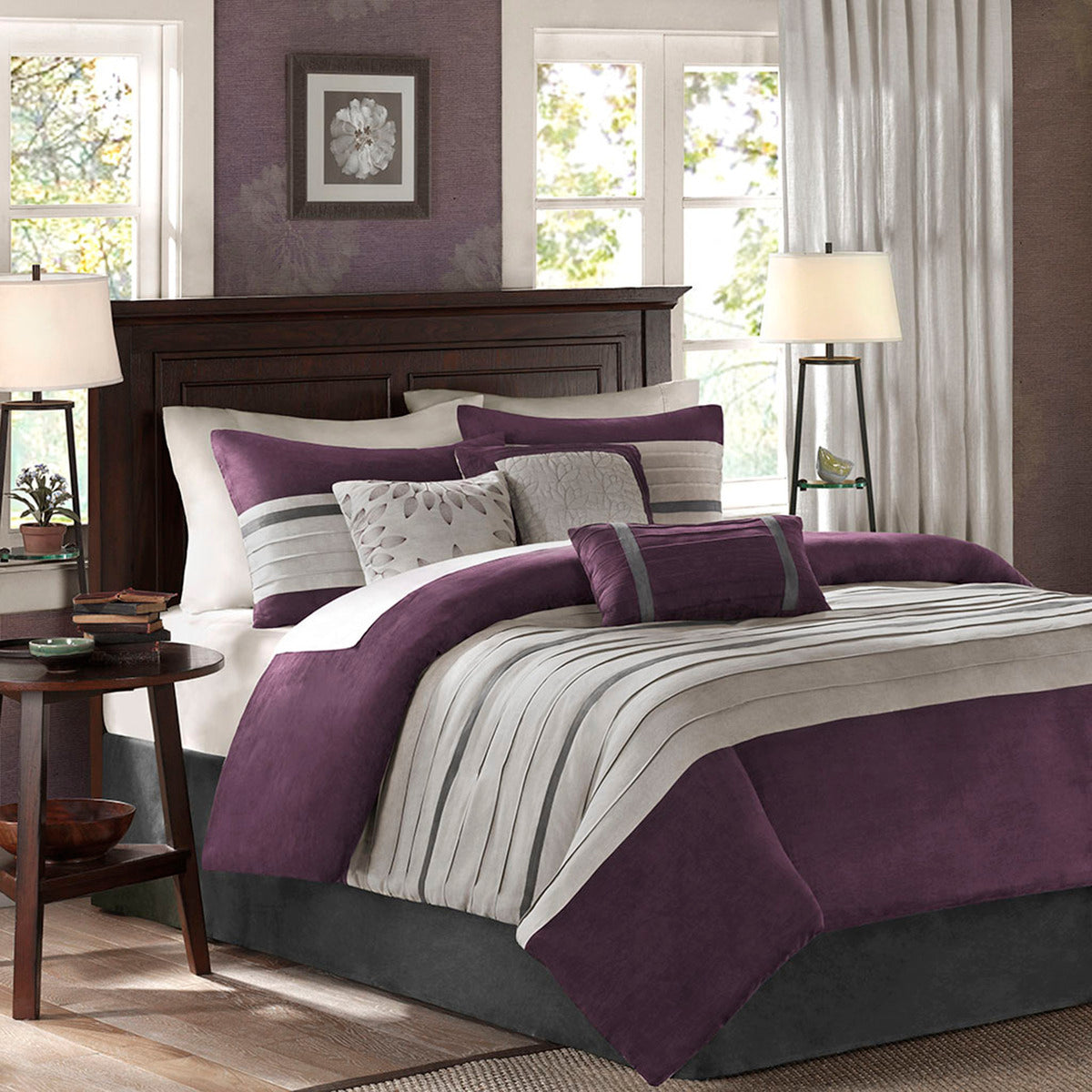 7 Pc Pieced Faux Suede Comforter Set Purple King King Purple Polyester