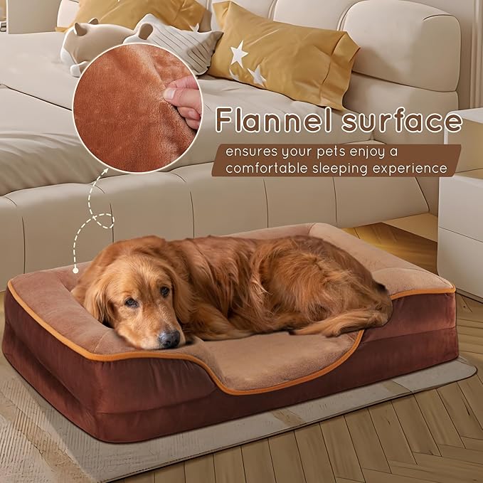 35'' Orthopedic Dog Bed For Large Dog, Memory Foam Dog Bed, Egg Crate Foam Dog Couch Bed With Washable Removable Cover, Brown Brown Faux Fur