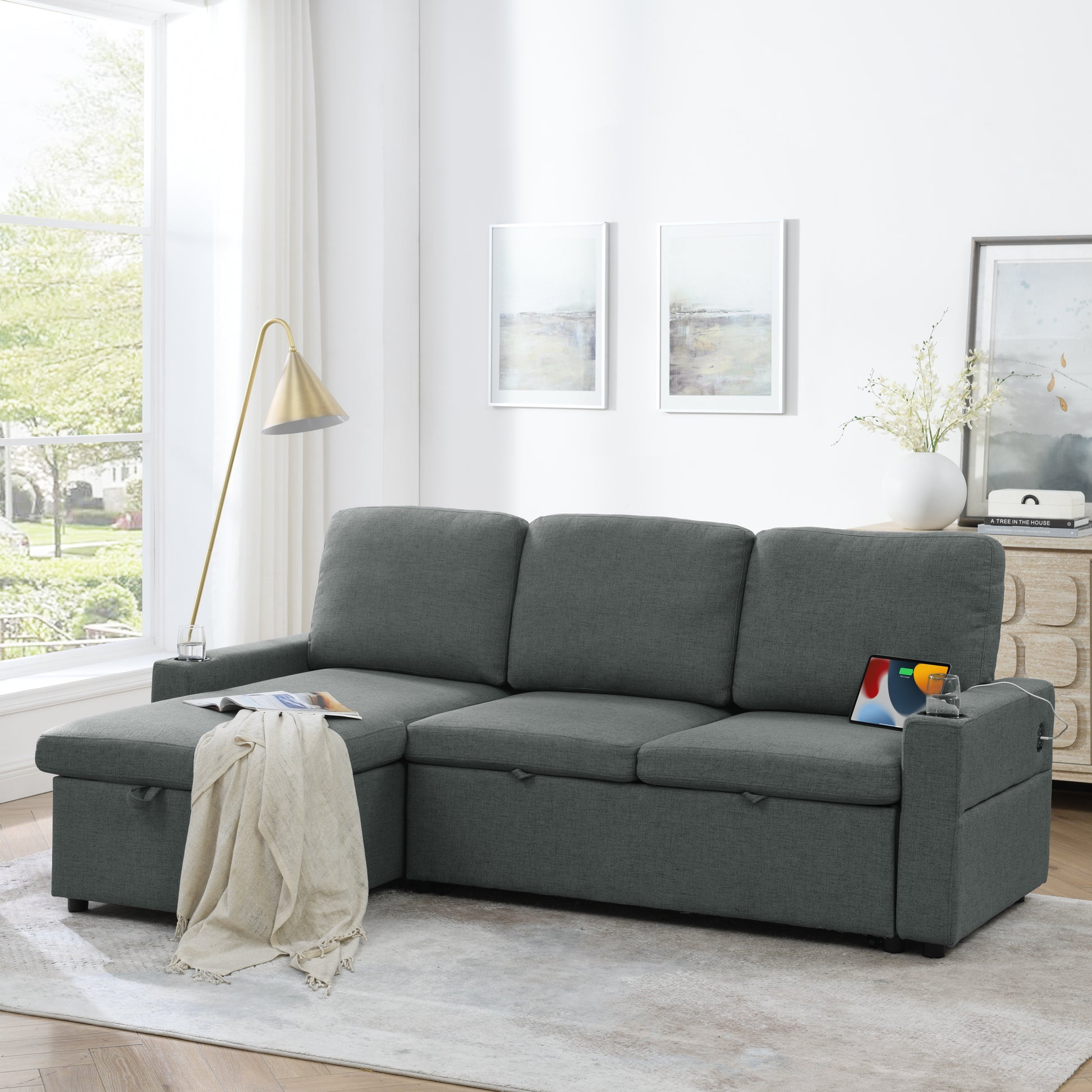 Linen Upholstered Sleeper Sectional Sofa, Shaped Modular Convertible Sofa With Storage Chaise,Side Armrests With Cup Holders,Pull Out Sleep Couch Bed ,Usb Port On The Right,Grey Full Grey Linen