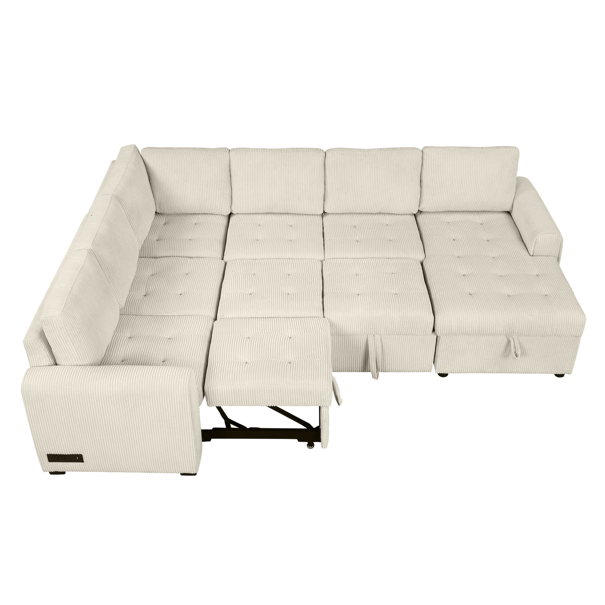 107.5" U Shaped Sofa Sectional Sofa Pull Out Sofa Bed With A Storage Chaise Lounge, Charging Devices For Living Room, Beige Beige Foam Corduroy 5 Seat