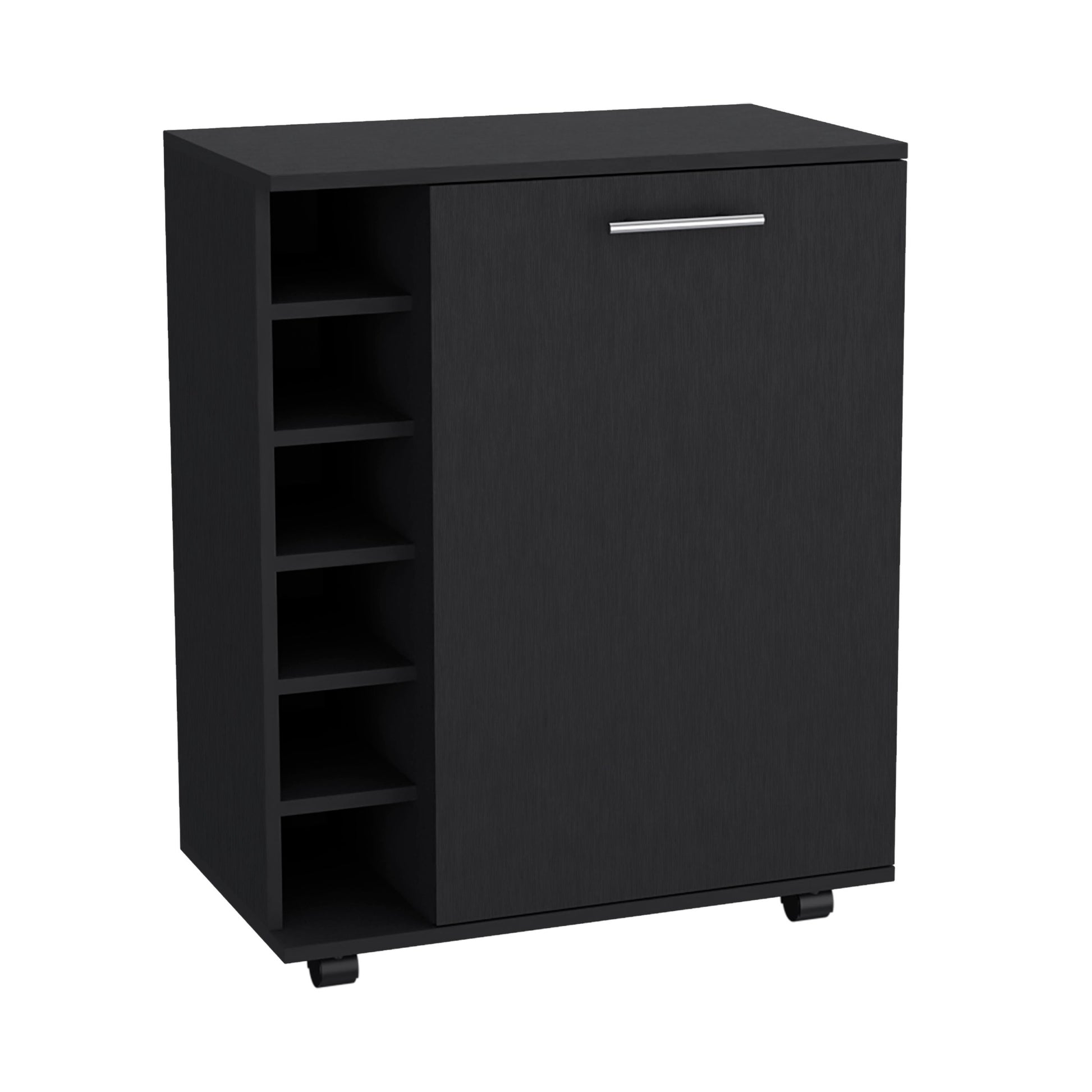 Wick Bar Cart With Integrated Wine Storage, Spacious Cabinet And Smooth Rollers Black Dining Room Modern Particle Board Open Storage Engineered Wood