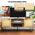 Wooden Tv Stand For Tvs Up To 65 Inches,With 2 Rattan Decorated Doors And 2 Open Shelves,Living Room Tv Console Table Wooden Entertainment Unit, Natural Color Natural Particle Board