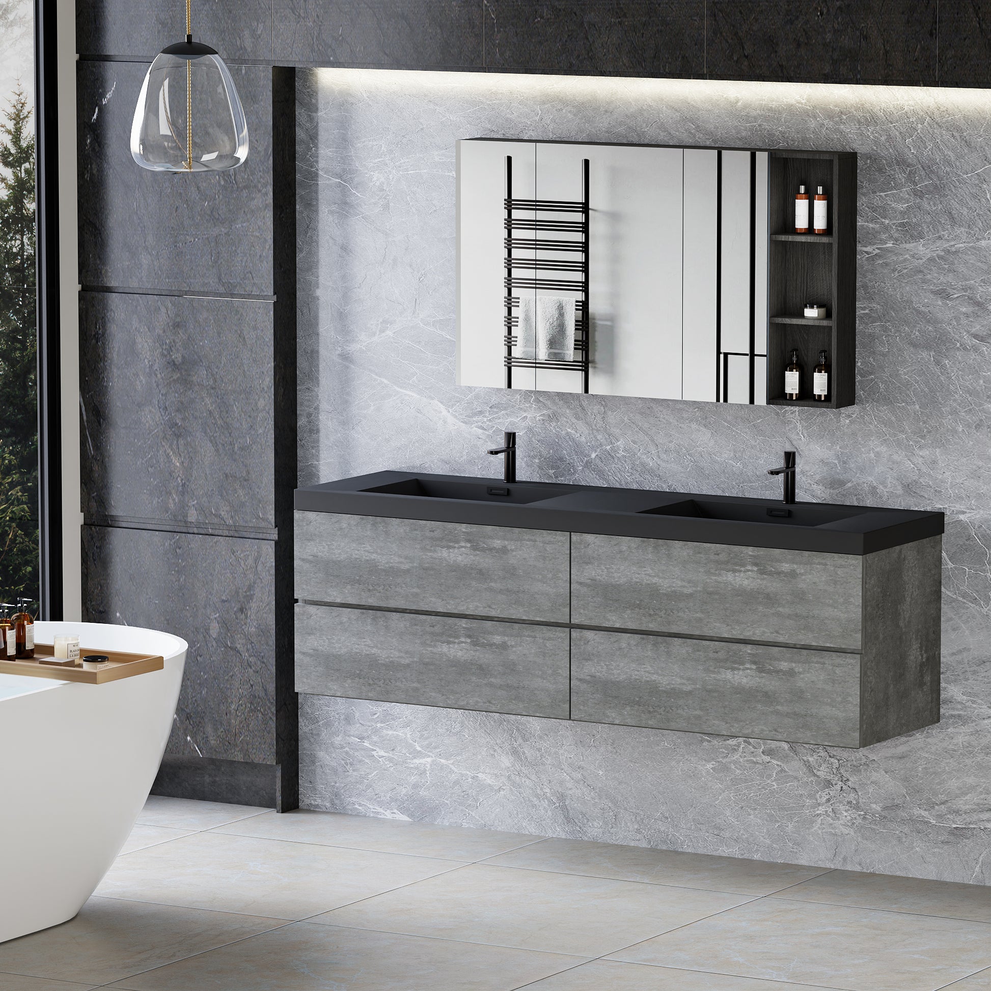 72" Floating Bathroom Vanity With Sink, Modern Wall Mounted Bathroom Storage Vanity Cabinet With Two Black Quartz Sand Top Basins And Four Soft Close Drawers, 24V12 72Gr Grey 4 Grey Wall Mounted Plywood