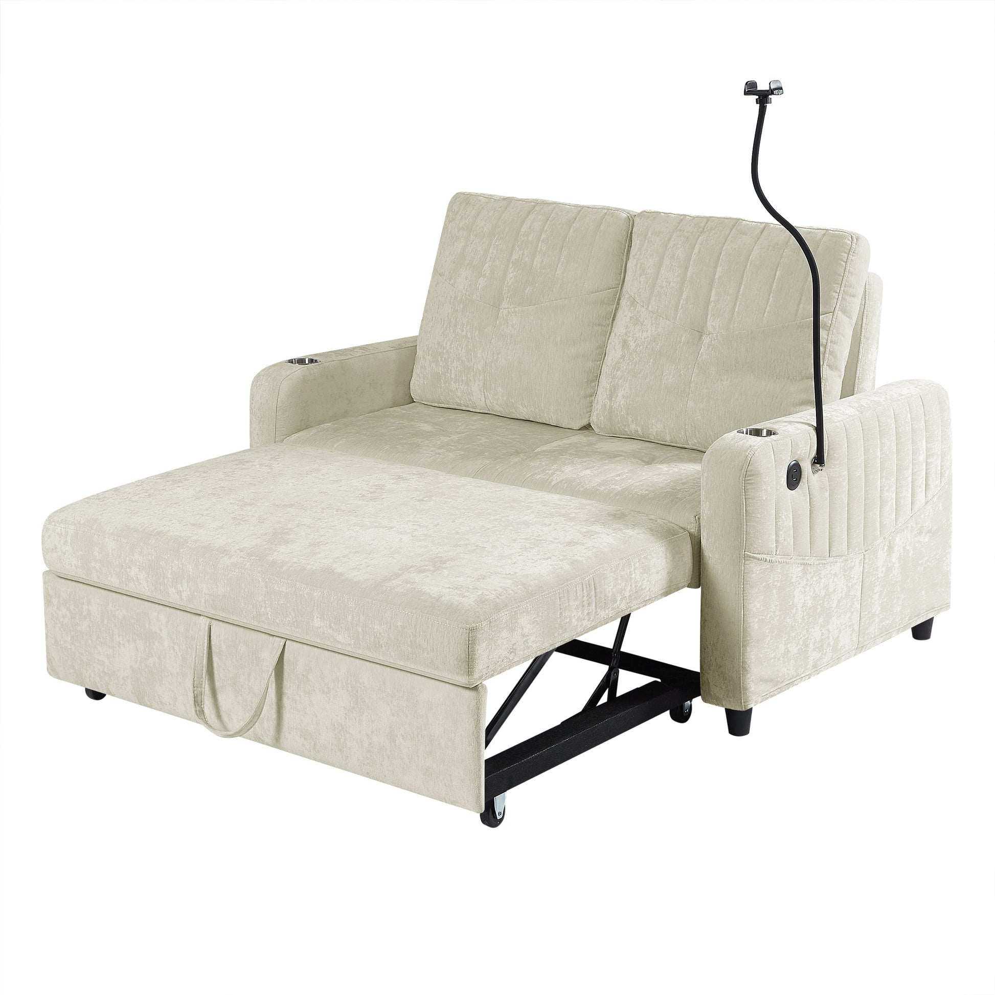 53.9" Modern Loveseat Pull Out Sofa Bed With Adjustable Backrest, Two Cup Holdersa Phone Holder, Three Charging Ports And Side Storage Pockets For Living Room, Beige Beige Foam Chenille