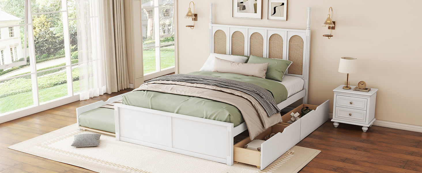 Queen Size Rattan Platform Bed With With 2 Big Drawers, T Size Trundle, White Queen White Plywood