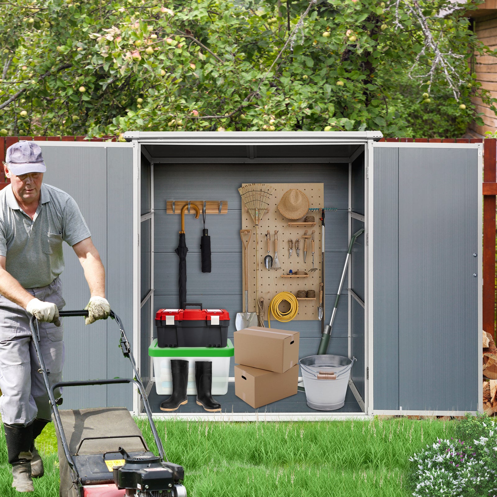 5X3Ft Outdoor Storage Shed Waterproof Resin Cabinet With Lockable Doors For Bikes And Patio Furniture Gray Plastic