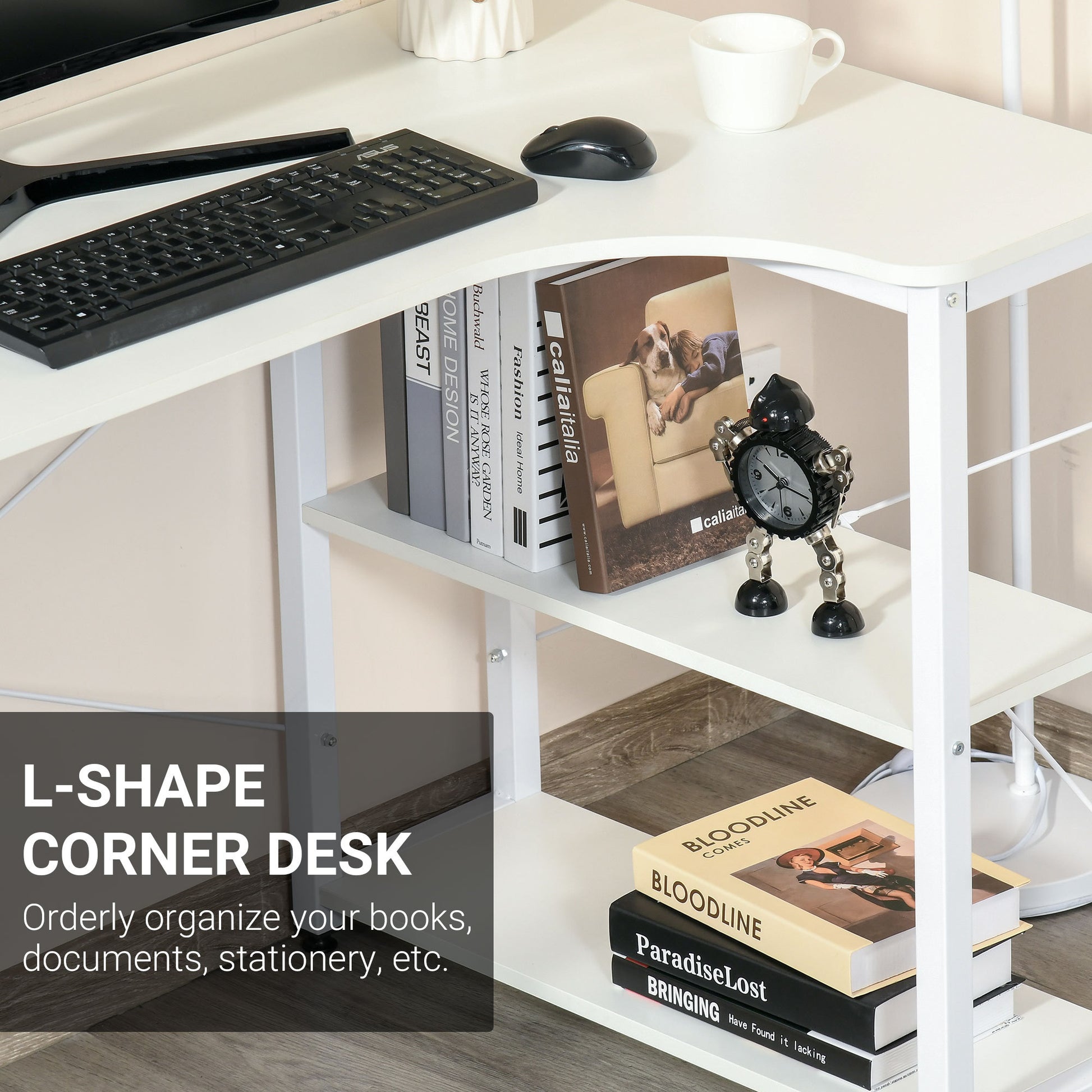 Homcom Industrial L Shaped Computer Desk With 2 Side Shelves And Steel Frame, Corner Desk, Study Workstation For Home Office, White White Engineered Wood