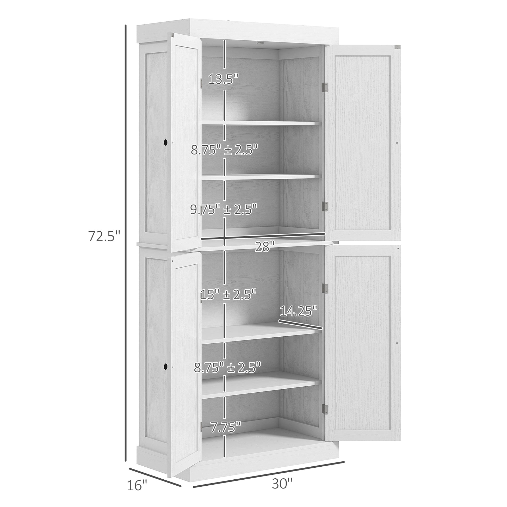 Homcom 72.5" Freestanding Kitchen Pantry Cabinet, Tall Storage Cabinet With 4 Doors And 2 Adjustable Shelves For Dining Room, White Wood Grain White Particle Board