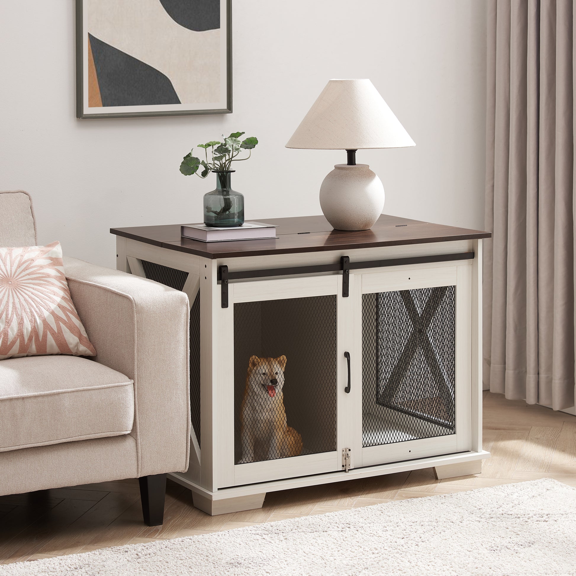 Farmhouse Dog Cage Crate Furniture With Sliding Barn Door, Farmhouse Wooden Dog Kennel End Table With Flip Top Plate Dog House With Detachable Divider For Small Medium Large Dog White White Mdf Metal