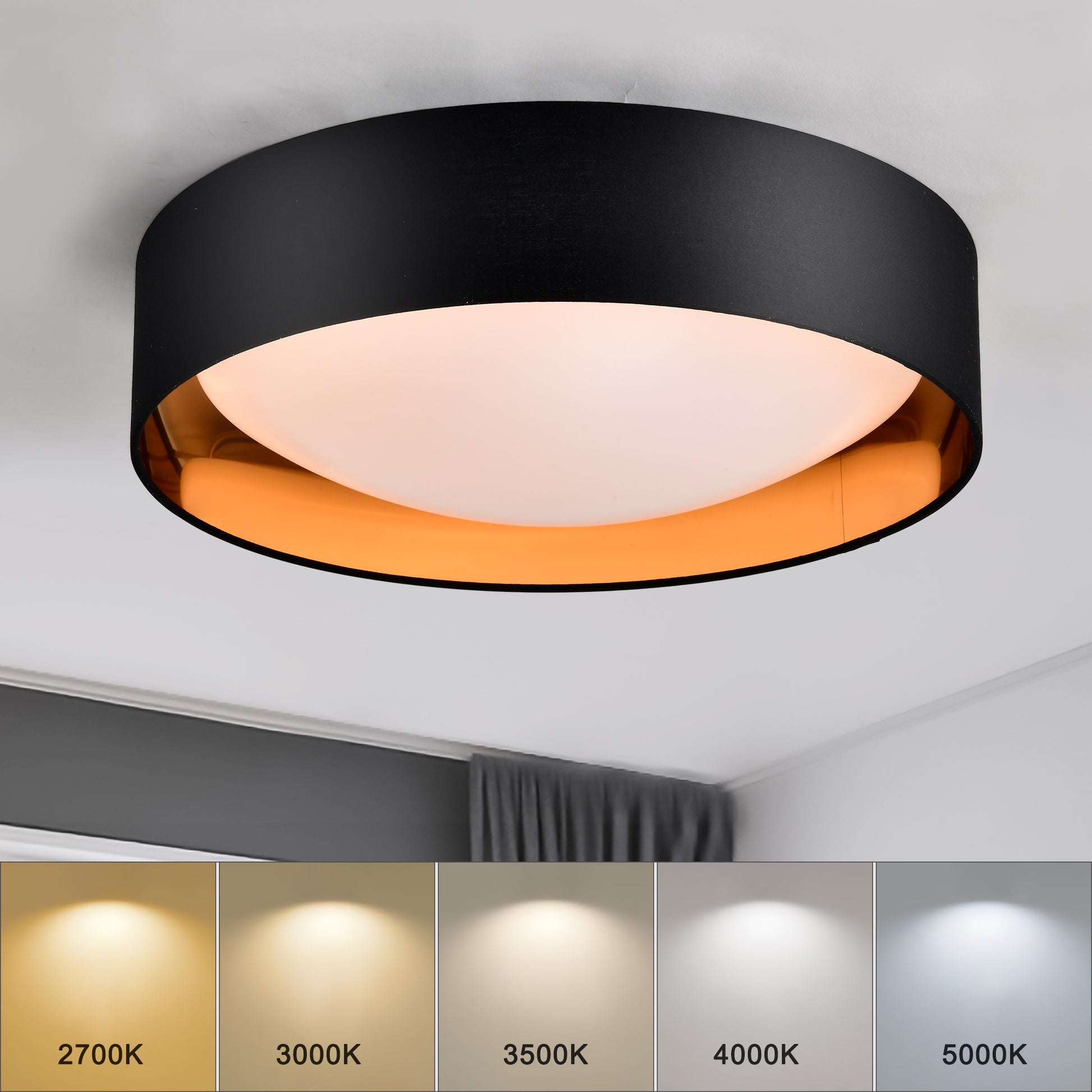 16.93Inch Flush Mount Ceiling Light 24W, 5 Cct Selectable 2700K 3000K 3500K 4000K 5000K Dimmable Ceiling Light Fixture, 2400Lumen Black Round Led Ceiling Light Flush Mount For Bedroom Black And Gold Black Fabric Acrylic