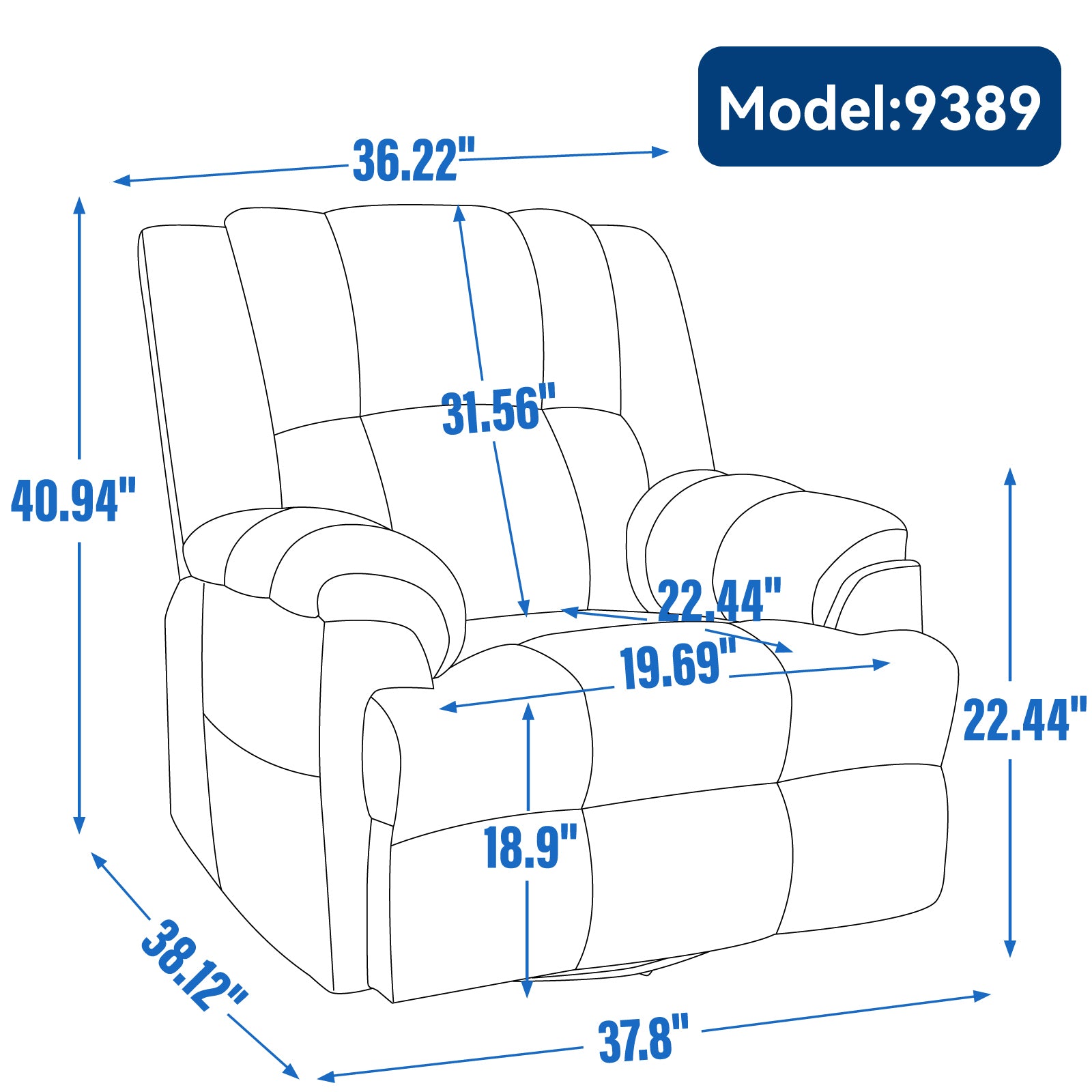 Manual Recliner Chair With Rocker And Swivel In Fabric For Living Room, Blue Blue Polyester Manual Handle Metal Primary Living Space Medium Firm Cushion Back Heavy Duty American Design Pine Pillow Top Arms Fiber Foam And Polyester Fiber Pad Fabric