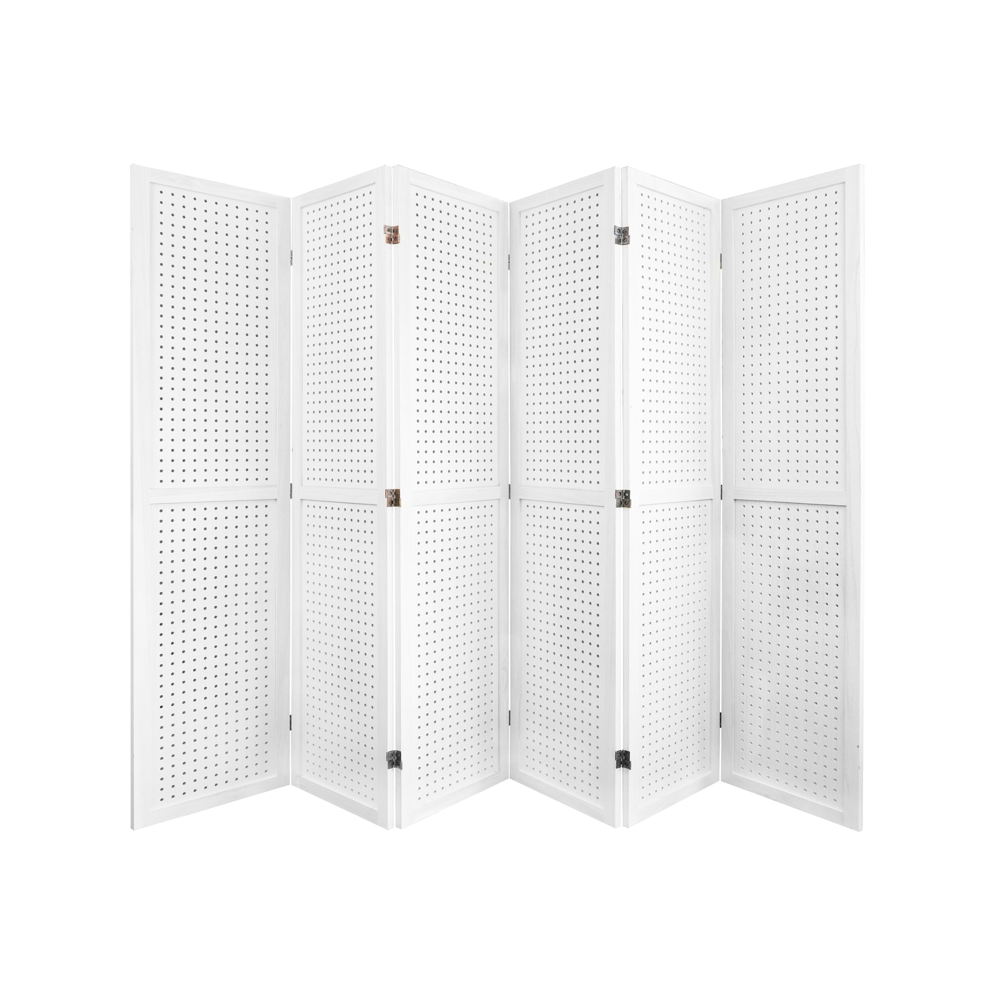 6 Panel Room Divider, 5.6Ft Pegboard Display Wooden Room Divider Folding Privacy Screen Room Divider Freestanding Peg Board Display For Trade Show Craft Show Home Wall Organizer,Elegant White White Modern Wood