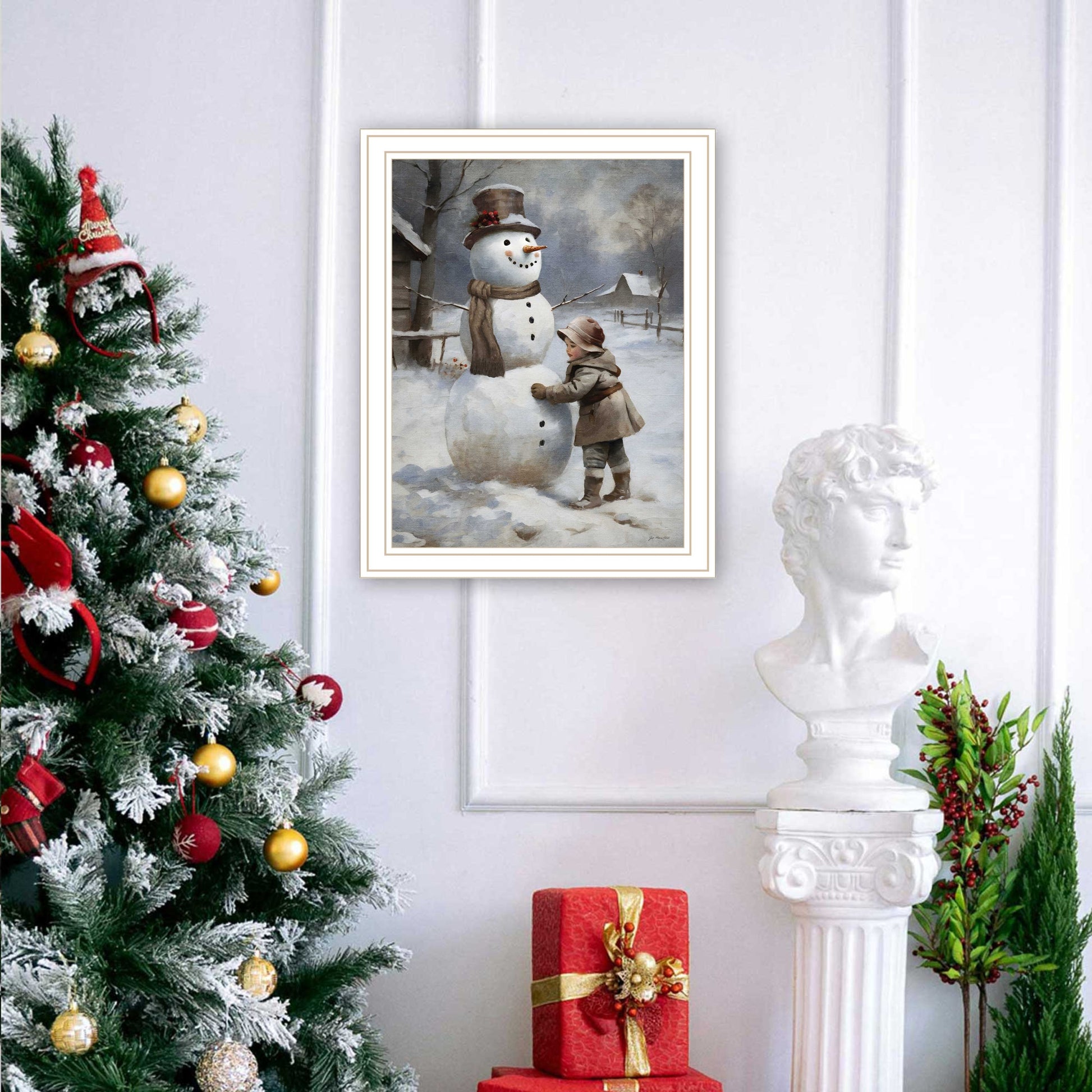 Finishing Touch On The Snowman White Framed Wall Art For Living Room, Holiday Wall Art Print For Home Decor, Bedroom Wall Art By Jo Moulton Multicolor Wood Paper
