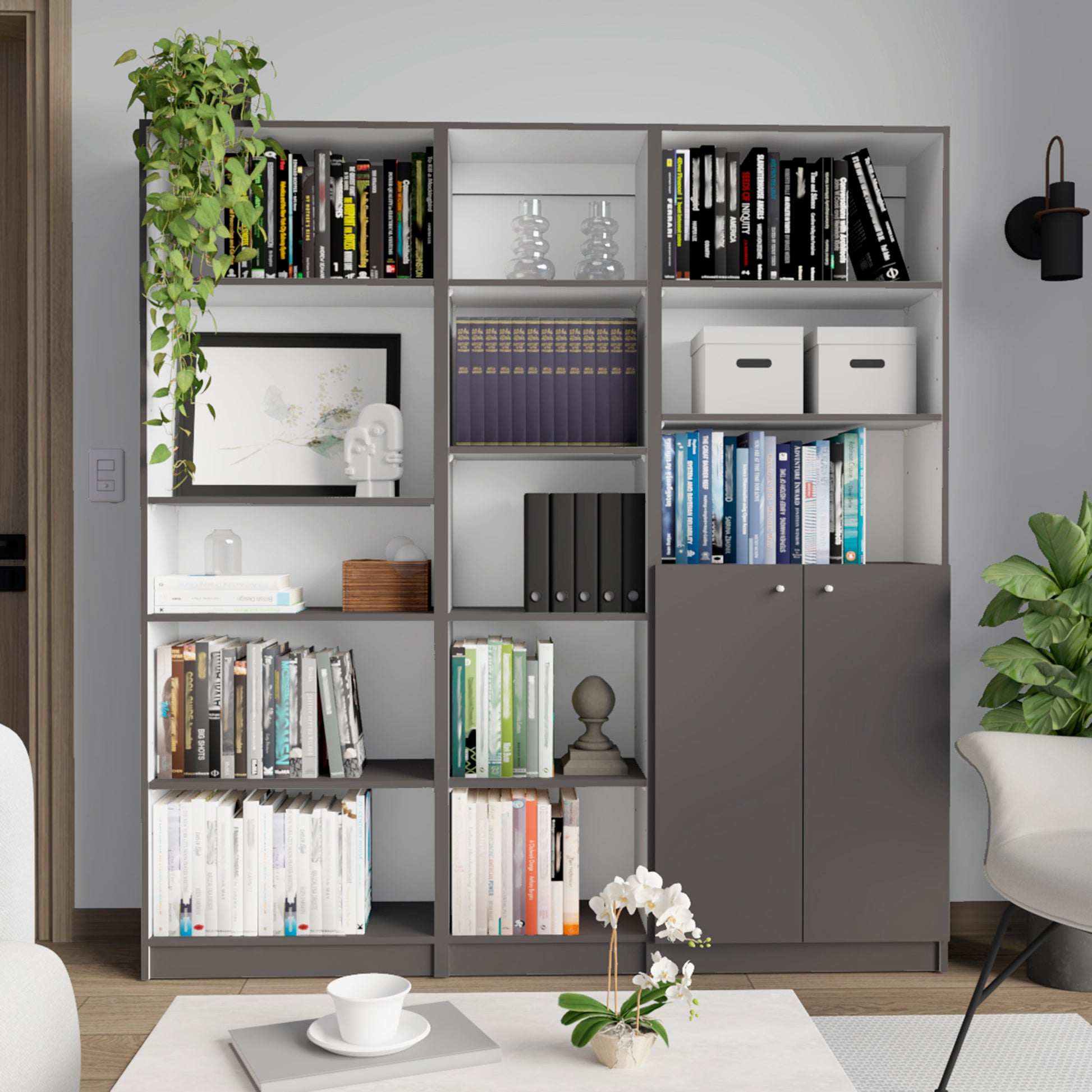 Poston 3 Piece Home Bookcase Set, 67" Wide With 13 Shelves And 2 Door Cabinetliving Room Set Matt Gray White Freestanding 5 Or More Shelves Multicolor,White Gray Office Open Storage Space Modern Particle Board