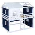 Full Size Bunk Wood House Bed With Tent, Blue White Full Blue Solid Wood Mdf