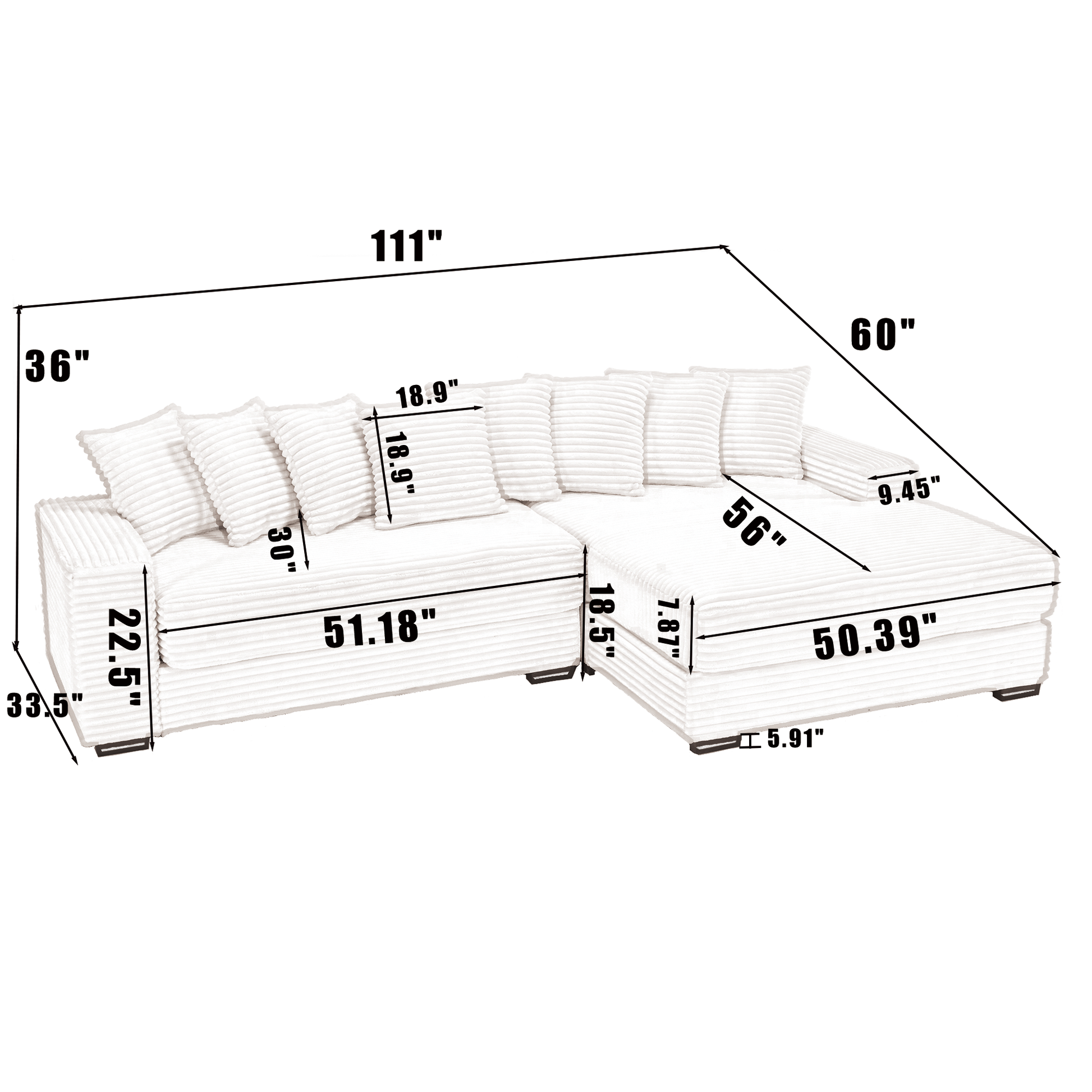 Arrived Oversized Two Piece Couches, L Shaped Sofa, Corduroy, Right Chaise Daybed,With Armrests,Eight Throw Pillows,Corner Sofa,Easy To Assemble, Gray Gray Polyester Wood Primary Living Space Medium Soft Pillow Back Modern Square Arms Wood 3 Seat