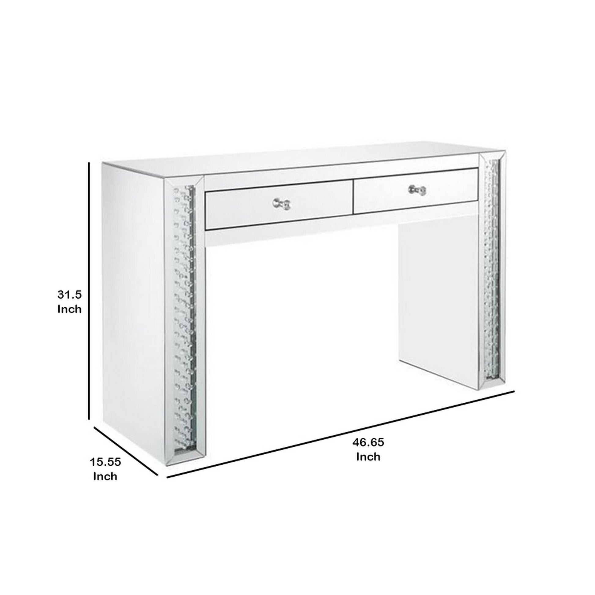 Mirror Accented Two Drawers Wooden Vanity Desk With Faux Crystal Inlay, Silver Silver Engineered Wood