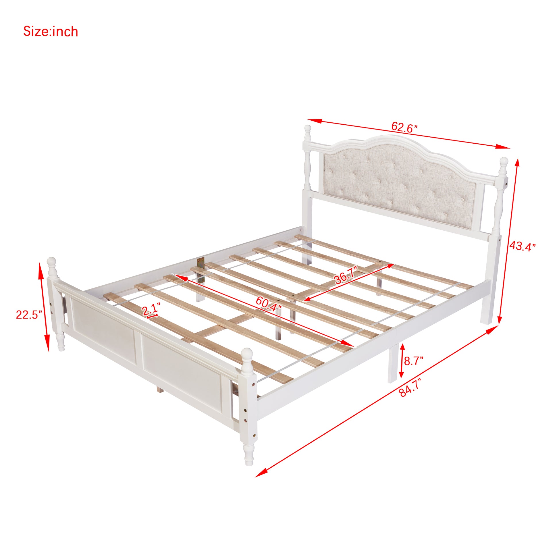 Queen Pine Wooden Bed With Upholstered Headboard And Panel Footboard, With Two Bed Rail Support Feet And Central Platform Support Feet ,White Queen White Pine