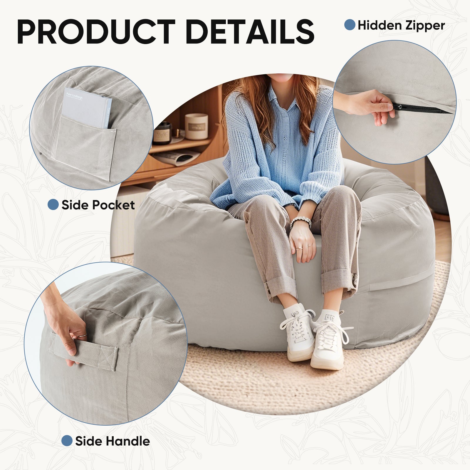 3 'Beanbag Chair, Adult And Child Beanbags, Oversized Couch Couch, Living Room Furniture, Detachable, Washable Covers, Huge Comfortable Play Chair, Round Sofa, Bedroom Quarters Gray Fabric