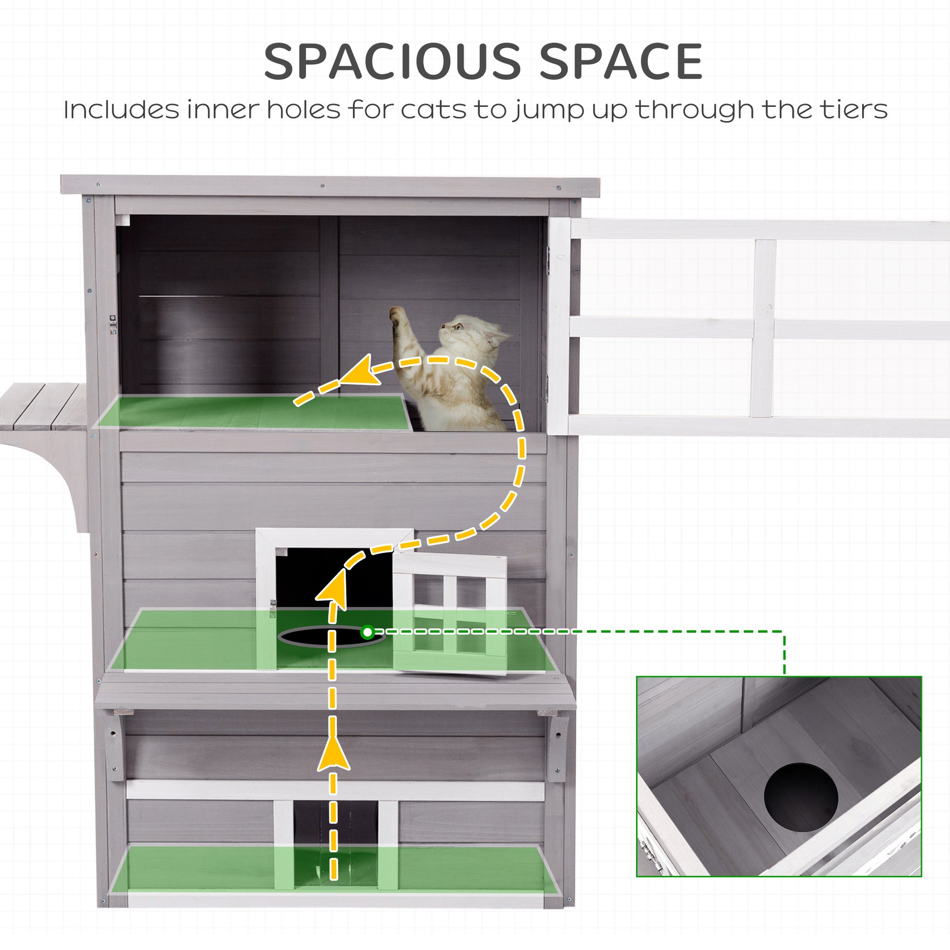 Pawhut 3 Story Cat House Feral Cat Shelter, Outdoor Kitten Condo With Raised Floor, Asphalt Roof, Escape Doors, Jumping Platforms, Grey Grey Wood