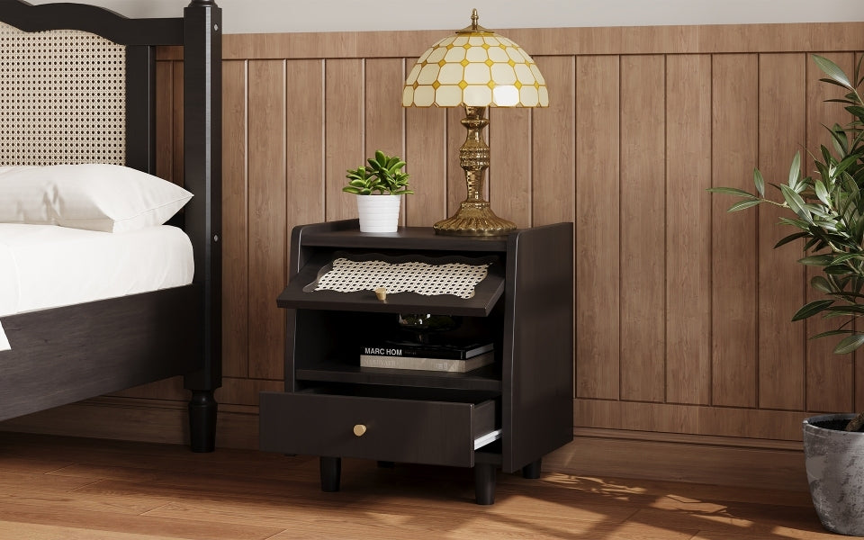Wooden Nightstand With Rattan Woven Storage Cabinet And 1 Drawer, Exquisite Elegance With Natural Storage Solutions For Bedroom, Black Expected Arrival Time: 08.23 Black 1 Drawer Wood