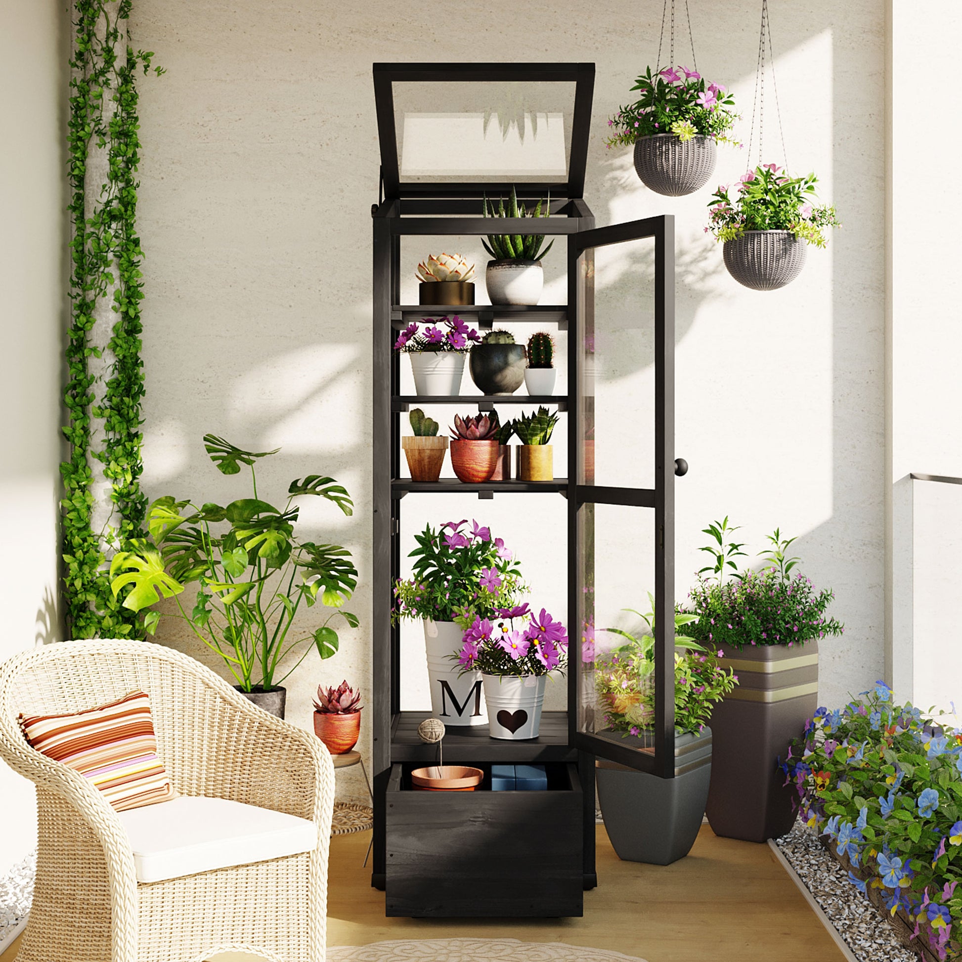 62.4Inch Height Wood Garden Greenhouse Balcony Portable Mini Cold Frame With Movable Storage Box And Adjustable Shelves For Outdoor Indoor Use, Black Black Garden & Outdoor Casual Wood