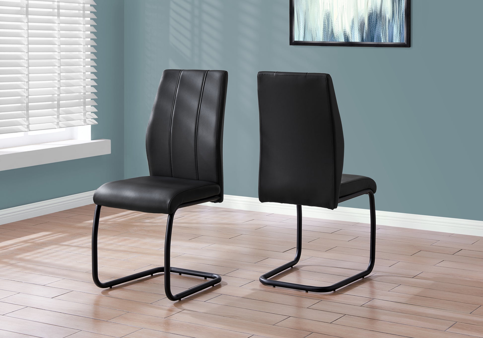 Dining Chair, Set Of 2, Side, Upholstered, Kitchen, Dining Room, 39" Height, Black Leather Look, Black Metal, Contemporary, Modern Black Foam Faux Leather