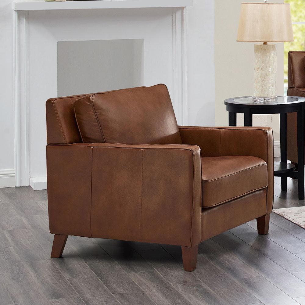 Ashby Leather Chair Pecan Primary Living Space Mid Century Modern Eucalyptus Down Filling Genuine Leather