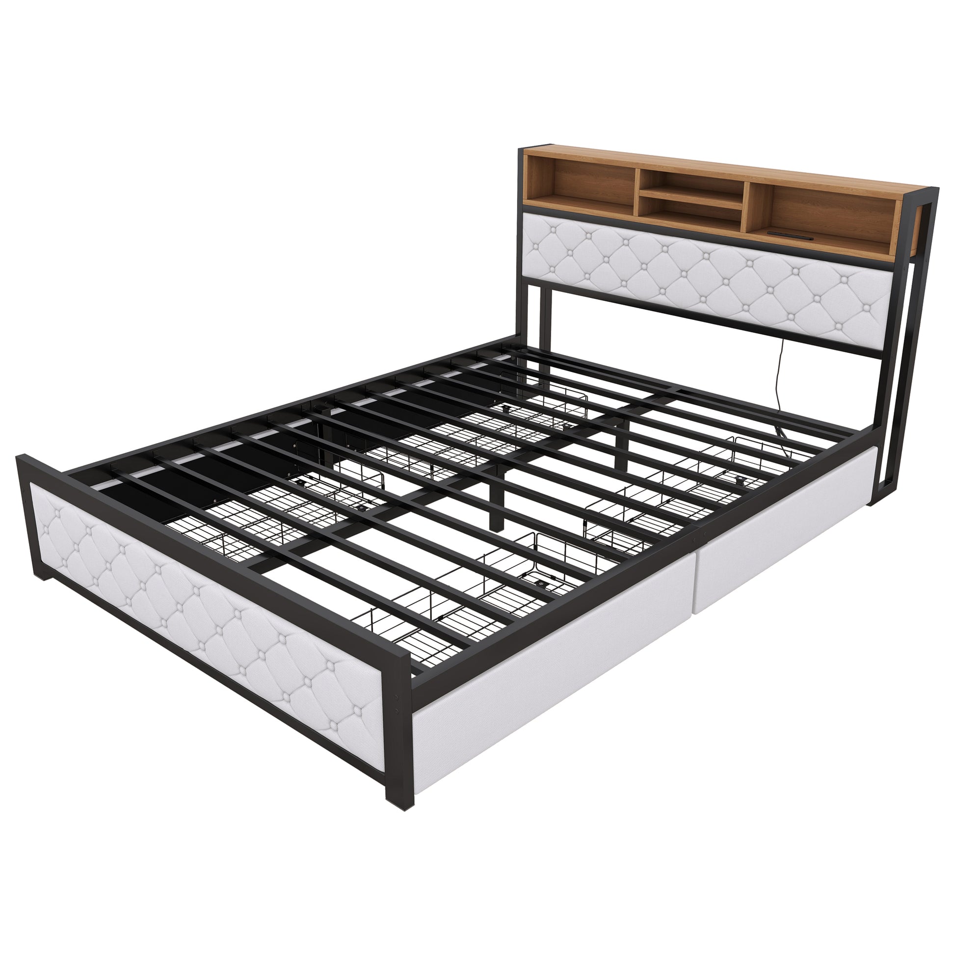 Metal Queen Size Platform Bed With 4 Drawers, Upholstered Headboard And Footboard, Sockets And Usb Ports, White Queen White Black Fabric Metal