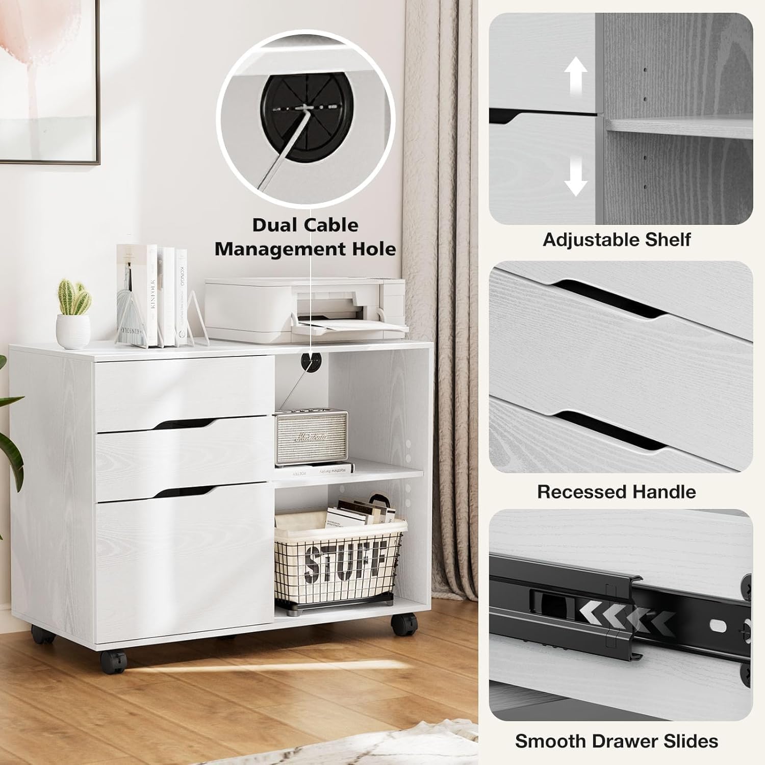 3 Drawer File Cabinet, Lateral Mobile Filing Cabinet Wood Storage Organizer With Wheels, Printer Stand & Open Shelves For Home Office Under Desk Organization White White Wood