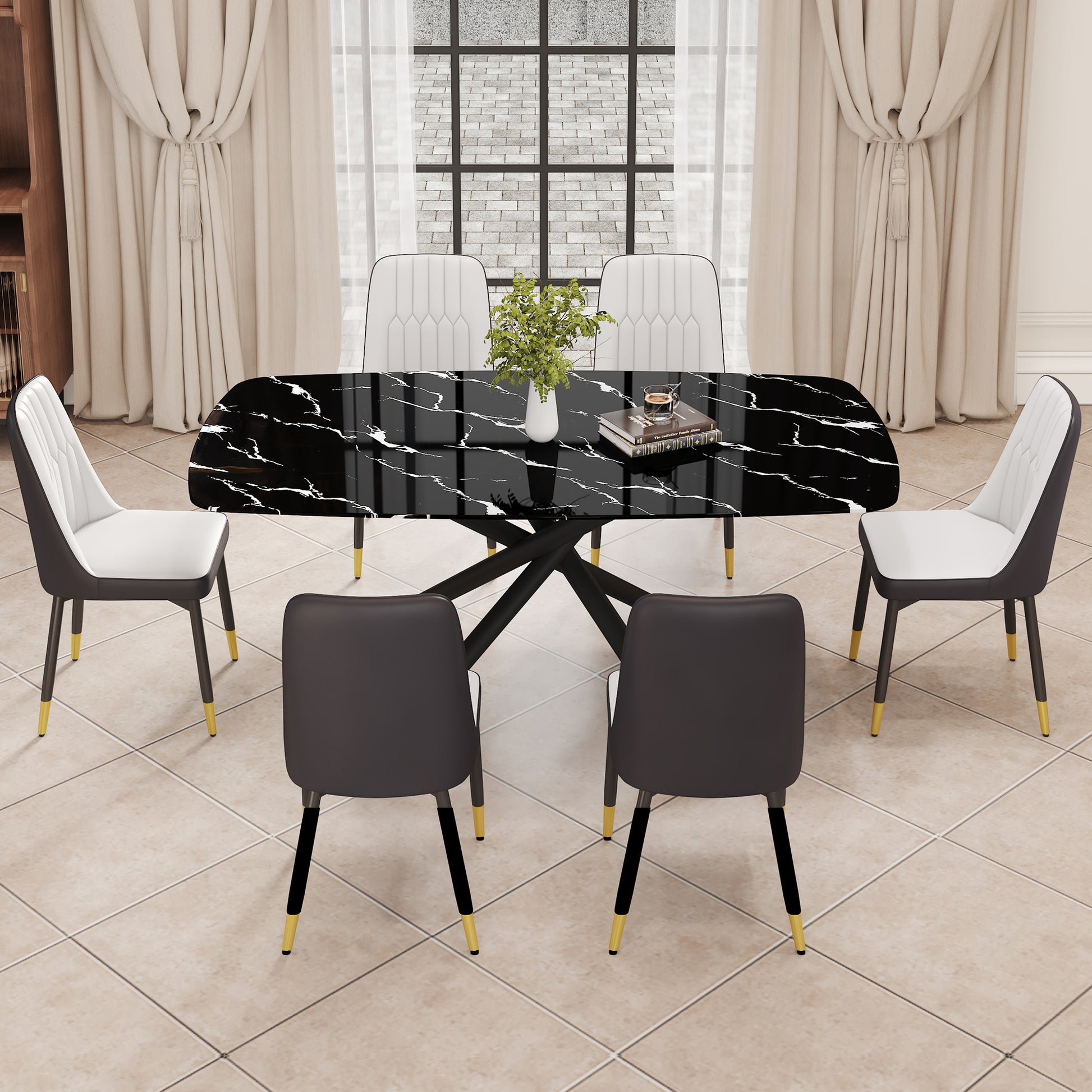 1 Table And 6 Chairs Set.A Rectangular Dining Table With A Imitation Marble Black Table Top And Black Metal Legs.Paired With 6 Chairs With Pu Leather Seat Cushion And Black Metal Legs.F 1537,C 007 Black Glass Metal