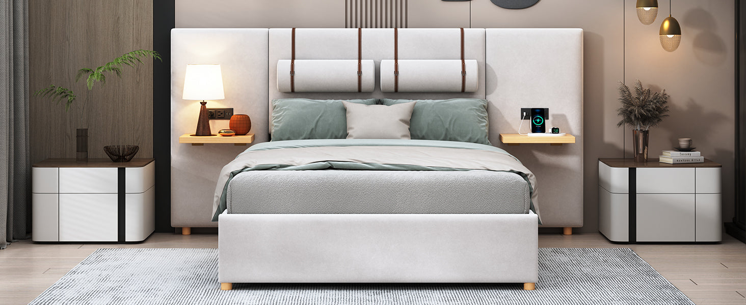 Full Size Upholstered Platform Bed, Two Outlets And Usb Charging Ports On Both Sides, Two Bedside Pillows, Storage Shelves,Velvet,Beige Full Beige Mdf Lvl
